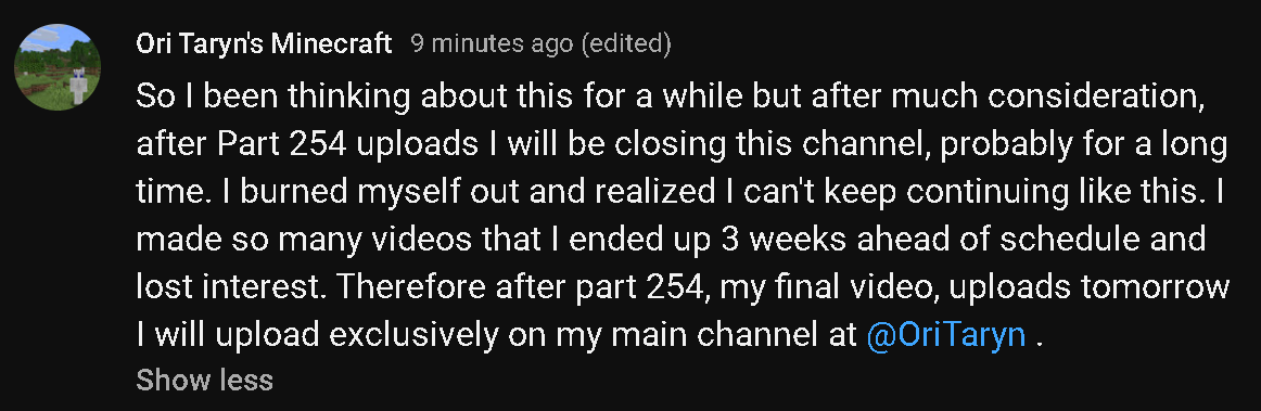 OriTaryn's tweet photo. Notice about my Minecraft channel on Youtube. https://t.co/1RDvJXNjvc