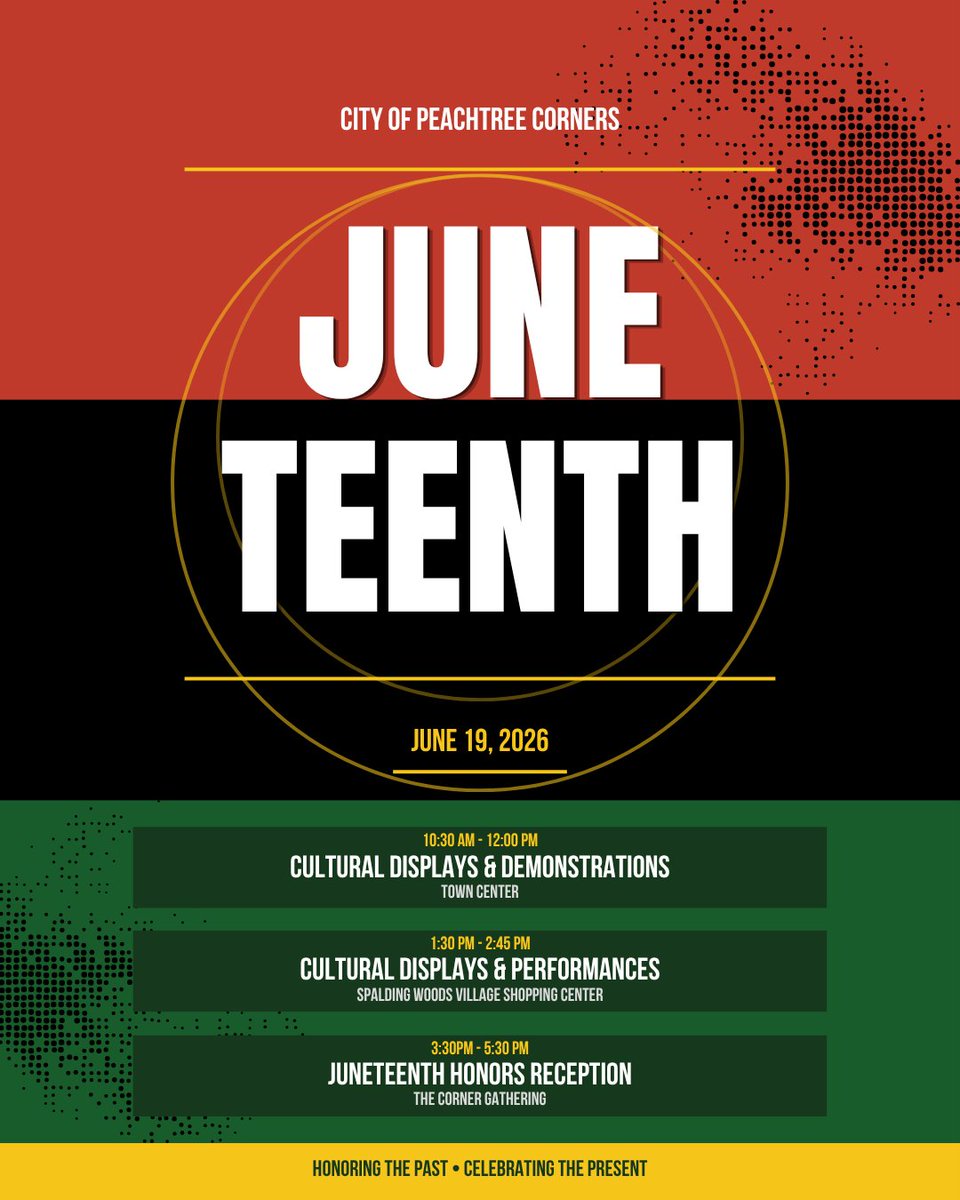 PtreeCorners's tweet photo. City Hall is closed today in observance of Juneteenth.

Join us for Peachtree Corners' inaugural Juneteenth Celebration featuring cultural performances, community fellowship and a celebration of freedom, history, and unity. ✨ https://t.co/rzO6ysusgb
