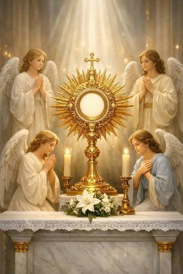 Benita06768358's tweet photo. HOLY HOLY HOLY !!!

When the prophet Isaiah encountered our  Lord , he exclaimed holy holy holy to the Lord. The exclamation showed how holy the Lord is.  Our God is a holy God indeed.  
Our God is also adored by the Angels as the most Holiest .  As you can see below the Angels are worshipping our Lord as the most holiest in the blessed sacrament. 
The book of revelation revealed that our Lord is worthy. The one who opened the scroll. Worthy is the lamb of God.  
The  Angels in the heaven worship our Lord exclaiming worthy is the lamb
Holy , Holy,  to the lord. 
Our Lord is fully body , soul ,and Divinity in the Eucharist ( Blessed Sacrament), let us join the Angels and Arch Angels in the heaven to worship our Lord . He  is due indeed to be praised .
Holy to the Lord , Holy to Jesus in the blessed sacrament.