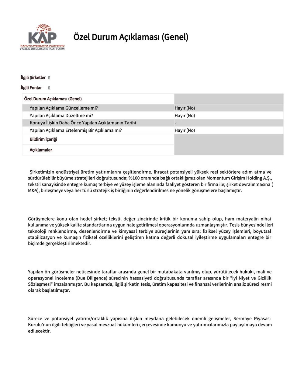 markaholding_'s tweet photo. %100 bağlı ortaklığımız Momentum Girişim Holding A.Ş., tekstil sanayisinde entegre kumaş terbiye ve yüzey işleme alanında faaliyet gösteren bir firmayla yatırım ve stratejik iş birliği alternatiflerine yönelik görüşmelere başlamış, Gizlilik Sözleşmesi imzalamıştır.

#MARKA #KAP https://t.co/QfBsFT1UNZ