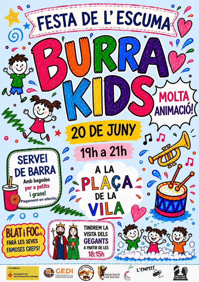 santcliment's tweet photo. 🎉🎉Arriba la Festa de l’Escuma Burra Kids!🫧

📅 Dissabte 20 de juny
⏰ De 19 a 21 h
📍 Plaça de la Vila

Una tarda plena de diversió per als més petits i les seves famílies! 🥳💦

🌠​ A més, a partir de les18.15 h, hi haurà visita dels Gegants de Sant Climent! 🎊 https://t.co/DnPk24WbBk