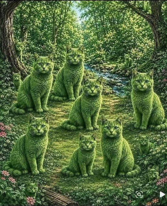 IrisFloyd20807's tweet photo. How many cats can you see in this picture? Can you find them all? A. 8 B. 10 C. 11#CatPuzzle #FindTheCat #SpotTheCat #HiddenCat #SharpEyes #EyeTest #NumberGame #BrainTeaser https://t.co/E7SEXtyAFa