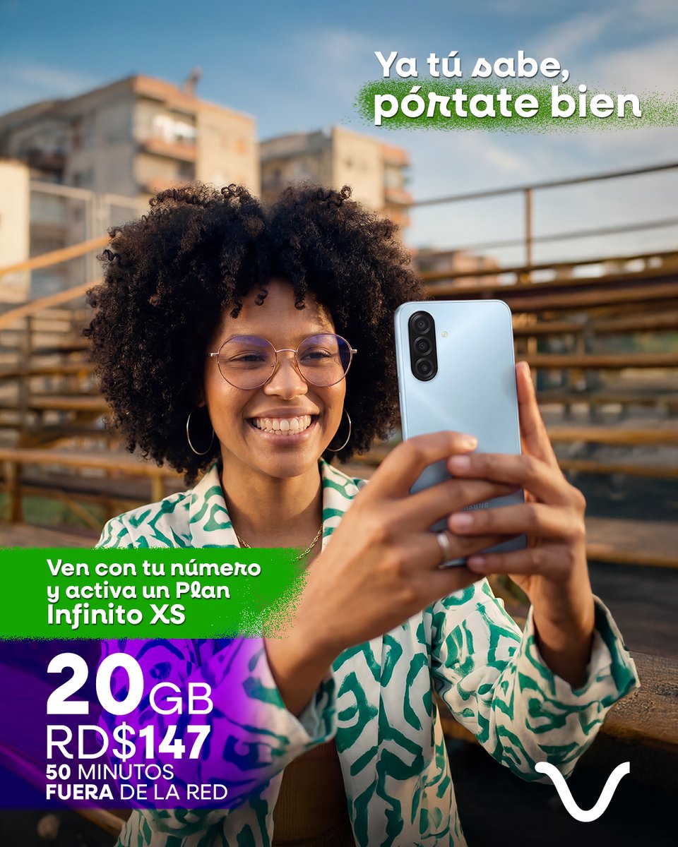 Viva_RD's tweet photo. ¡El que se porta bien, recibe más! 📲 

Trae tu número a Viva y actívate con nuestro Plan Infinito XS: 20GB por RD$147 + 50 minutos fuera de la red por 4 meses. 🙌

¡Ya tú sabes! 😎

#VivaRD #PortabilidadInfinito #PortateBien #EstamosDeTuLado https://t.co/LLbgfWFonq