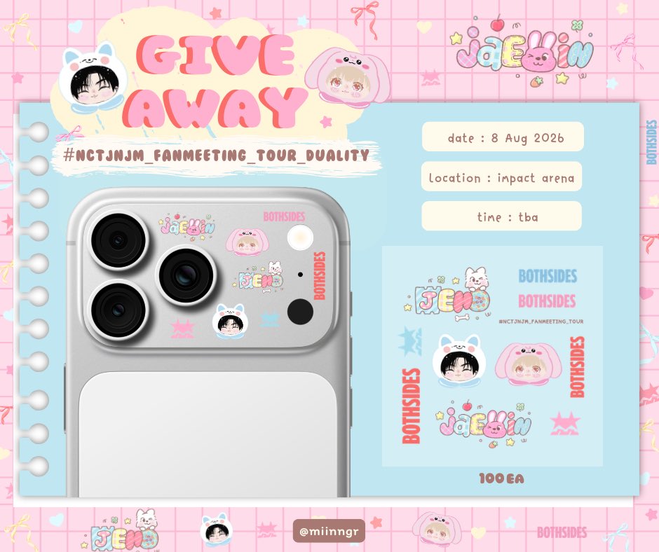 miinngr's tweet photo. Pls kindly rt ♡ ∩∩
                     （„• ֊ •„)♡

Giveaway  
•. ꪔ̤̥ Sticker 100 ea 

ꔛ⋆ date : 8 aug 2026
ꔛ⋆ location : impact arena
ꔛ⋆ time : tba

rt &amp; show this tweet

 #NCTJNJM_FANMEETING_TOUR #NCTJNJM_FANMEETING_TOUR_DUALITY #BANGKOK https://t.co/ZxtHxs8NQj