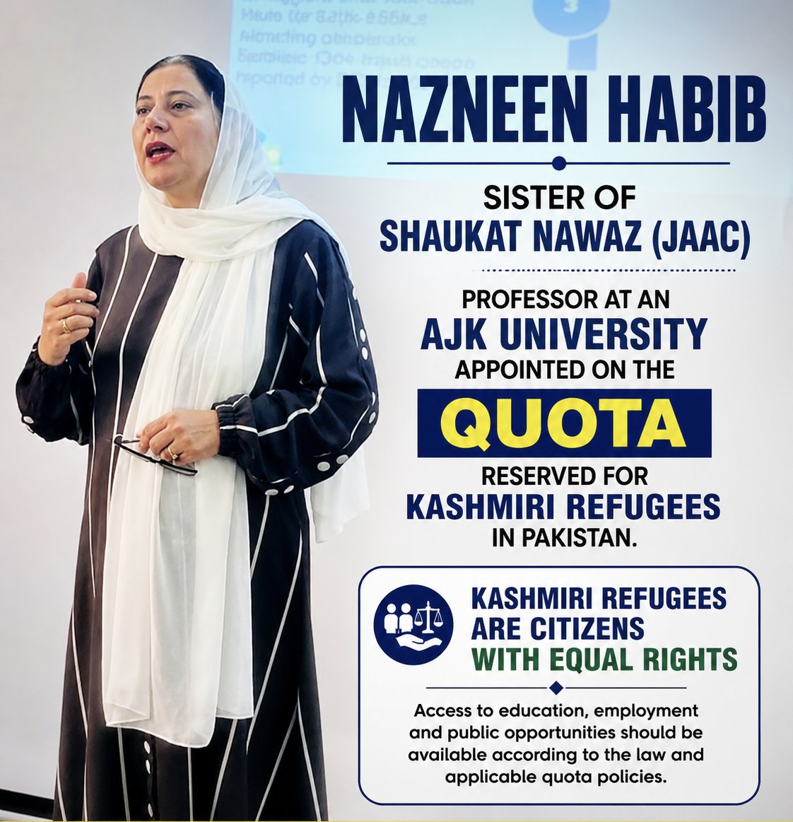 PoliticalPrism_'s tweet photo. ان خاتون کا نام نازنین حبیب ہے جو آزاد جموں و کشمیر یونیورسٹی میں سوشیالوجی ڈیپارٹمنٹ کی ہیڈ ہیں۔ یہ اوپن میرٹ پر نہ آ سکیں اس لئے انہوں نے مہاجرین کشمیر مقیم پاکستان کے مخصوص کوٹے پر یہ سیٹ حاصل کی۔

لیکن دلچسپ بات یہ ہے کہ نازنین حبیب کالعدم جوائنٹ ایکشن کمیٹی والے شوکت نواز کی بہن ہیں۔ وہی شوکت نواز جو اس وقت مہاجرین کشمیر مقیم پاکستان کی 12 نشستیں ختم کروانا چاہتا ہے۔

کیا شوکت نواز ان مہاجرین کشمیر مقیم پاکستان کی 12 نشستیں ختم کروانے سے پہلے اپنی بہن نازنین حبیب سے مستعفی ہونے کا کہے گو جو خود انہی مہاجرین کشمیر مقیم پاکستان کے مخصوص کوٹے پر پروفیسر بنی ہیں؟