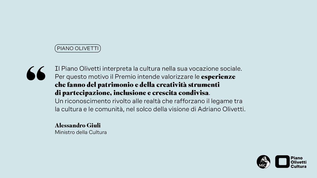 MiC_Italia's tweet photo. Il MiC ha istituito il Premio Olivetti per l’accessibilità culturale.
Il progetto è rivolto a imprese pubbliche e private, istituzioni culturali, enti del Terzo Settore, organizzazioni della società civile, comunità locali e istituti del Ministero.

🔗https://t.co/N8brEC97Pc https://t.co/XDLFtsq8Hc
