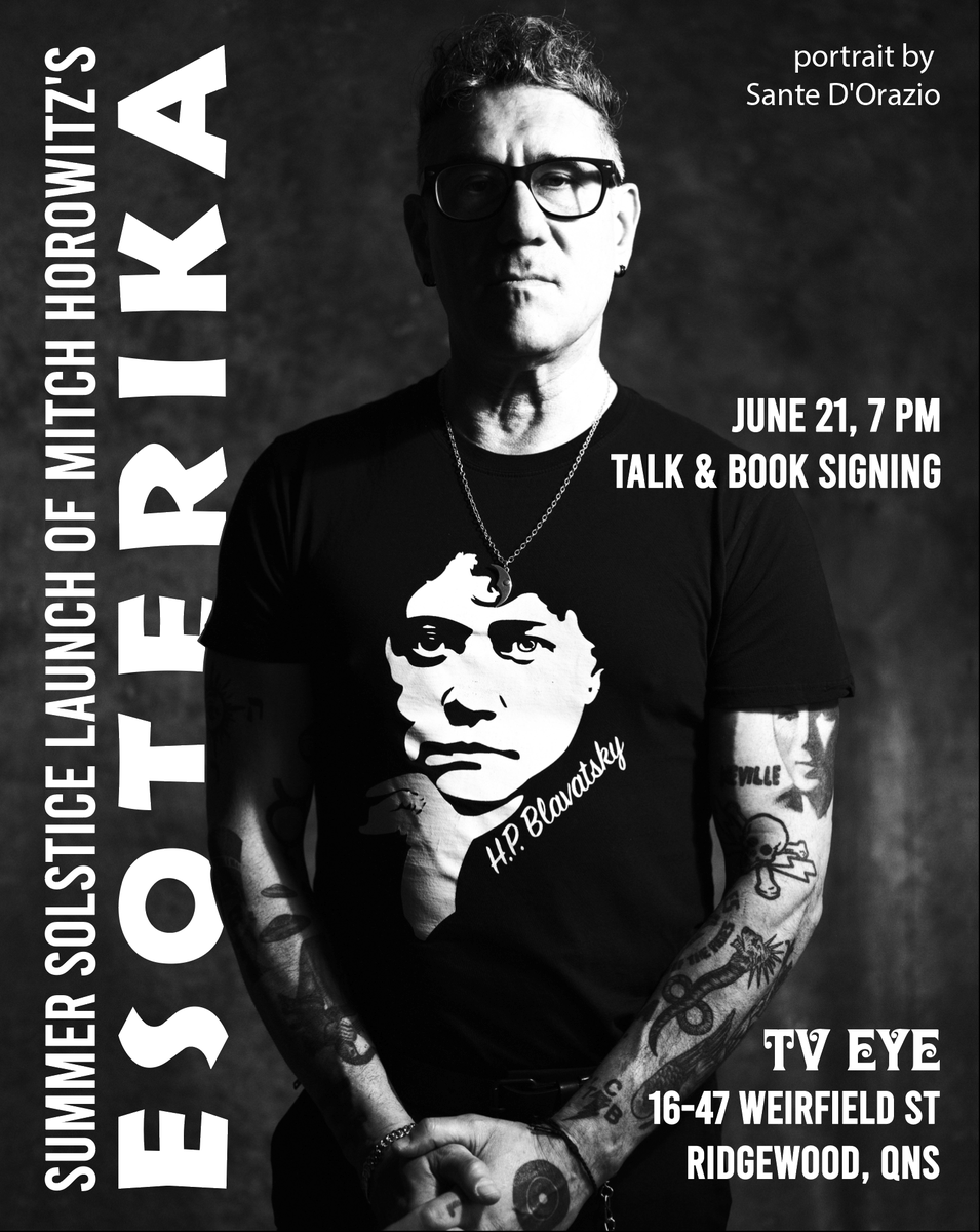 MitchHorowitz's tweet photo. Friends, thank you for your support of ESOTERIKA—please join us for a launch event on Summer Solstice this coming Sunday, 7 pm at TV EYE in NYC.

Special guest fine artist John Newsom will be displaying his original cover art and describing its journey.

I am honored that American master Sante D’Orazio, photographer and fine artist, will be with us—come raise a glass to a legend.

I am delivering a talk followed by a book signing. Food and drink available. DJ set to follow in the courtyard. RSVP free: https://t.co/8cQTAk97gX