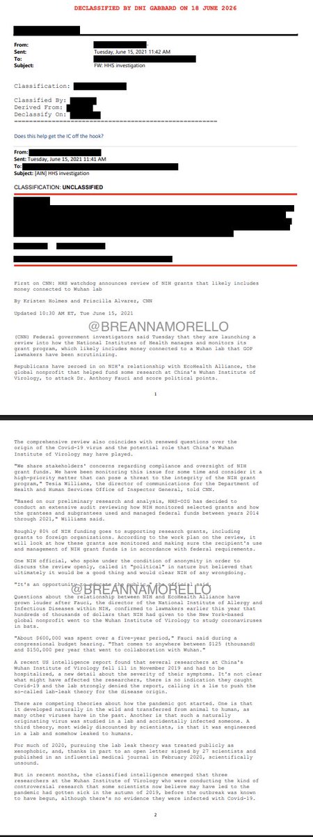 BreannaMorello's tweet photo. 🚨COVID COVER UP🚨

"Does this get the Intelligence Community off the hook?"

Take a look at an email sent by someone I assume works in IC.

They are sharing a CNN report that shifts the blame from IC to HHS regarding the NIH grants that's connected to the Wuhan lab.

F*cken criminals.