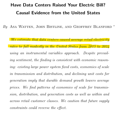 saeverley's tweet photo. Another simplistic narrative against data centers is crumbling.

"We estimate that data centers caused average retail electricity rates to fall modestly in the United States from 2015 to 2024" https://t.co/kDDGhkkNdw
