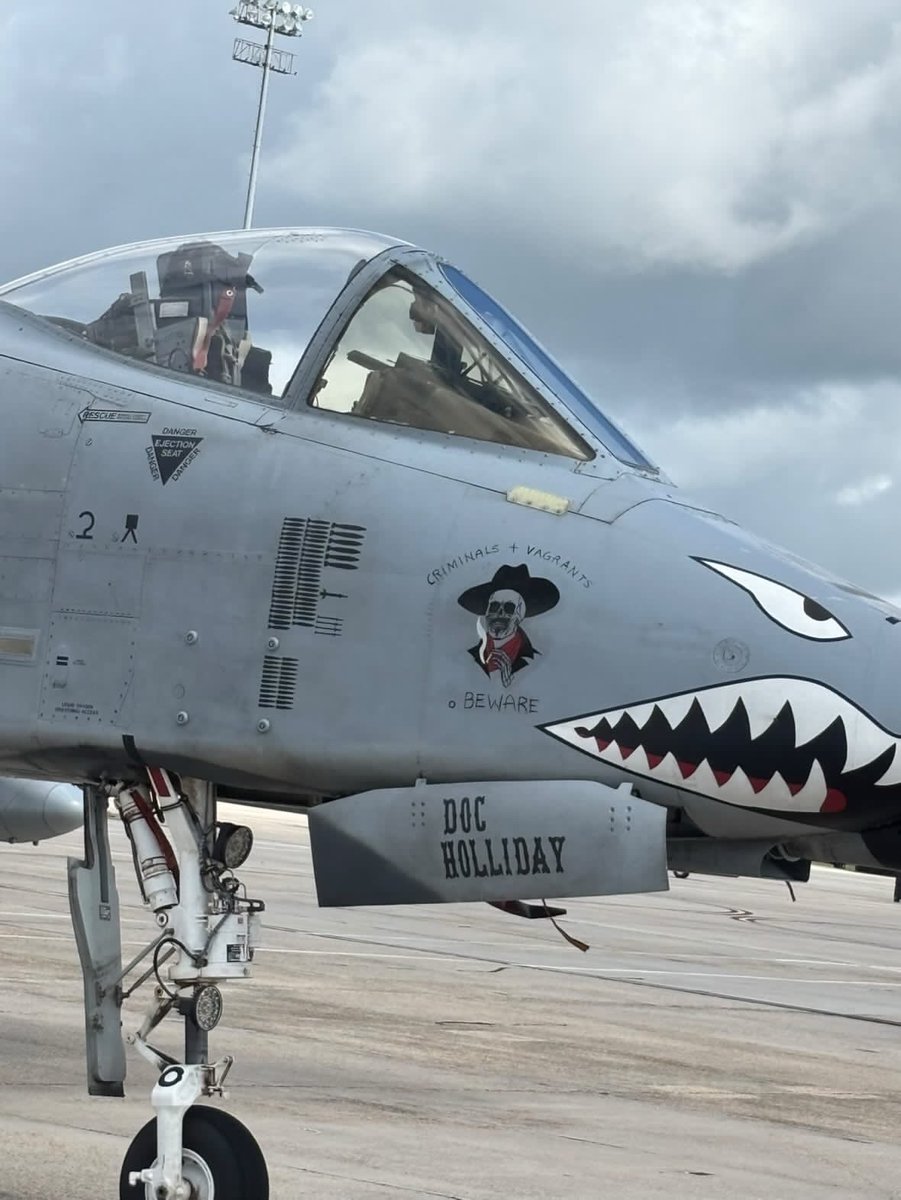 AircraftJunky's tweet photo. SHADOW WARTHOGS HOME FROM IRAN — Exclusive Nose Art Drop at Moody AFB

These A-10C Thunderbolt IIs just rolled back onto the flight line at Moody AFB after flying combat operations in support of some very sensitive work over Iran.

A follower trusted me with these exclusive shots straight from the ramp. For obvious OPSEC reasons I’m not going any deeper on the missions, the units, or the timelines, but the jets themselves are talking loud and clear.

Swipe through this insane collection of nose art and mission markings:
Doc Holliday staring you down with “Criminals + Vagrants… BEWARE.”
The Grim Reaper himself mid-swing.
King Dedede living his best life.
Diddy Kong riding a jet engine like it’s a banana barrel.
Samus Aran locked and loaded in full power suit.
Macho Man Randy Savage — “The Cream of the Crop.”
Lil Mac throwing hands with the “K.O.” tally.
And Ridley, the Metroid nightmare, repping on the final frame.

These aren’t just morale paint jobs. Look at the rows of mission tallies and ordnance marks along the fuselages, every single one represents a real sortie into contested airspace. Did you guys catch the two boats?? 

One of these Warthogs was directly involved in the combat recovery of an F-15 pilot and weapons officer who went down over Iran. In the background of the shots you can see the F-15 tail with the words “That Others May Live”,  the sacred motto of the rescue forces. When the call came, the A-10 answered. Close air support, on-station protection, and the quiet work of bringing our people home.

This is the side of airpower that stays in the gray. No fanfare. No press releases. Just lethal, ugly, beautiful Warthogs doing what they were built to do, and then disappearing back into the shadows until the next time they’re needed.

Huge respect to the crews who flew these jets home and to the follower who shared them with me.

Which nose art is your favorite? Drop it below 

#A10Warthog #A10Thunderbolt #NoseArt #AircraftNoseArt #moody #moodyafb #ThatOthersMayLive #CombatSearchAndRescue #CSAR #CovertAviation #GrayOps #ShadowOps #Warthog #USAF #AviationHistory #OSINT #MilitaryAviation #A10C