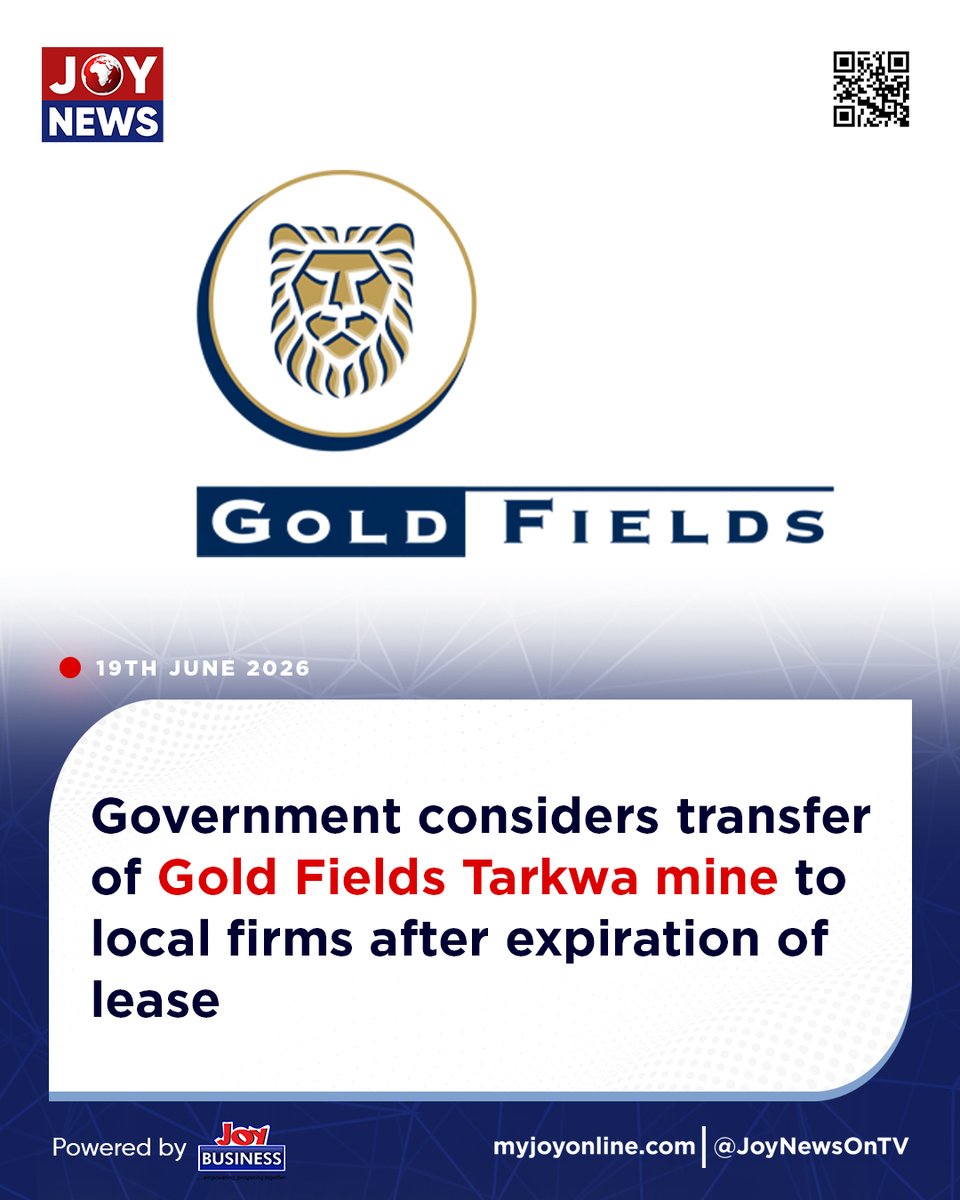 Joy997FM's tweet photo. Government considers transfer of Gold Fields Tarkwa mine to local firms after expiration of lease

#JoyNews #JoyFM #GhanaNews #JoyPrime #MyJoyOnline https://t.co/4deH8Ql5Gw