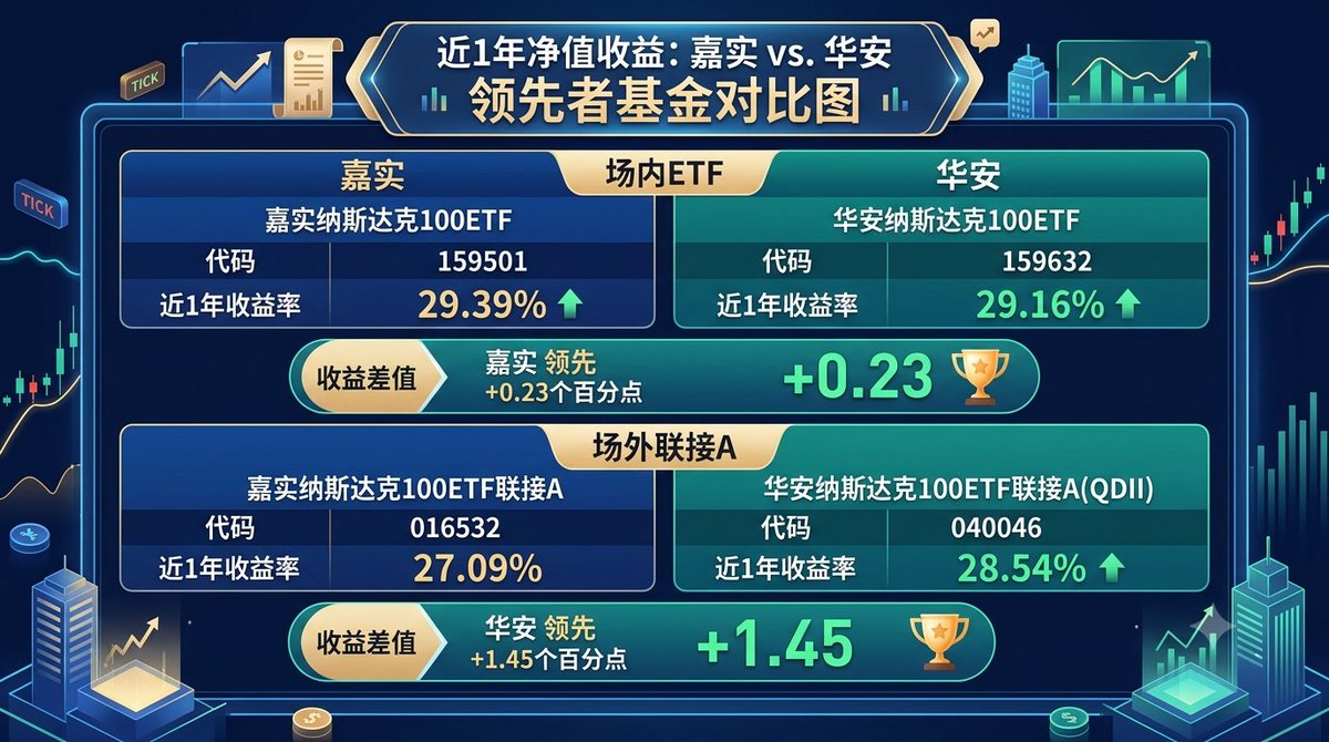 evanchoigo's tweet photo. 今天在对比纳指的场内和场外标的，发现一个现象，纳指场内ETF收益率更高的标的，对应的场外联接基金收益率并不是也更高。以嘉实和华安为例，场内纳指ETF嘉信的近一年净值收益率高于华安0.23%，但场外联接基金，华安比嘉实高1.45%。

1. 基金规模上，场外联接基金，华安 47.03亿元 vs 嘉实 18.86亿元，华安规模更大

2. 从持仓来看，一季度嘉实联接持有目标ETF约91.54%，华安约91.80%，差别并不大

3. 费率上，华安 0.8% vs 嘉实 0.6%，嘉实更有优势