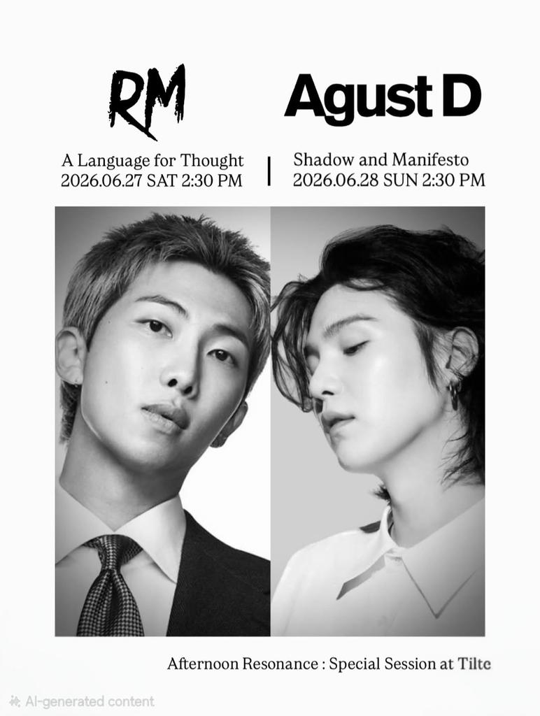 RMMoonchild101's tweet photo. Tilt, a music-listening venue in Seoul that organizes structured listening experiences and events for music enthusiasts, will hold a special listening session for RM and Suga.

💙RM - A Language for Thought
  2026 .07.05 SUN- 2:30 PM

💚Agust D - Shadow and Manifesto
2026.07.04 SAT - 2:30 PM

Booking are available. 

P.S. their listening session for RM (06.27 SAT 2:30 PM) and Agust D - (06.28 SUN 2:30 PM) are sold out. 

Their Instagram page. 
🔗https://t.co/rimmMYl1xp