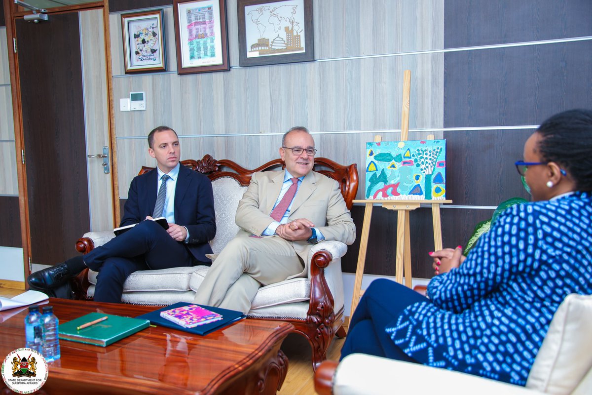 Diaspora_KE's tweet photo. H.E. Vincenzo Del Monaco, Ambassador of @ItalyinKenya , paid a courtesy call on Diaspora Affairs Principal Secretary, Ms. @roselinenjogu .

The discussions centred on enhancing labour mobility, deepening people-to-people ties, and promoting the exchange of knowledge, skills and technology to create more opportunities for the skilled and talented workforce.

The PS and Amb. Del Monaco expressed interest in stepped-up collaboration and committed to advancing engagements in priority areas of mutual interest.

The meeting reaffirmed the strong, long-standing cordial relations between Kenya and Italy and their shared commitment to promoting mutually beneficial partnership and  prosperity.

Ms. Irene Karari, Director and Head of the Skills and Expertise Division, Ms. Ayaan Abdi Barre,FSO and Ms. Debora Jemutai, FSO.