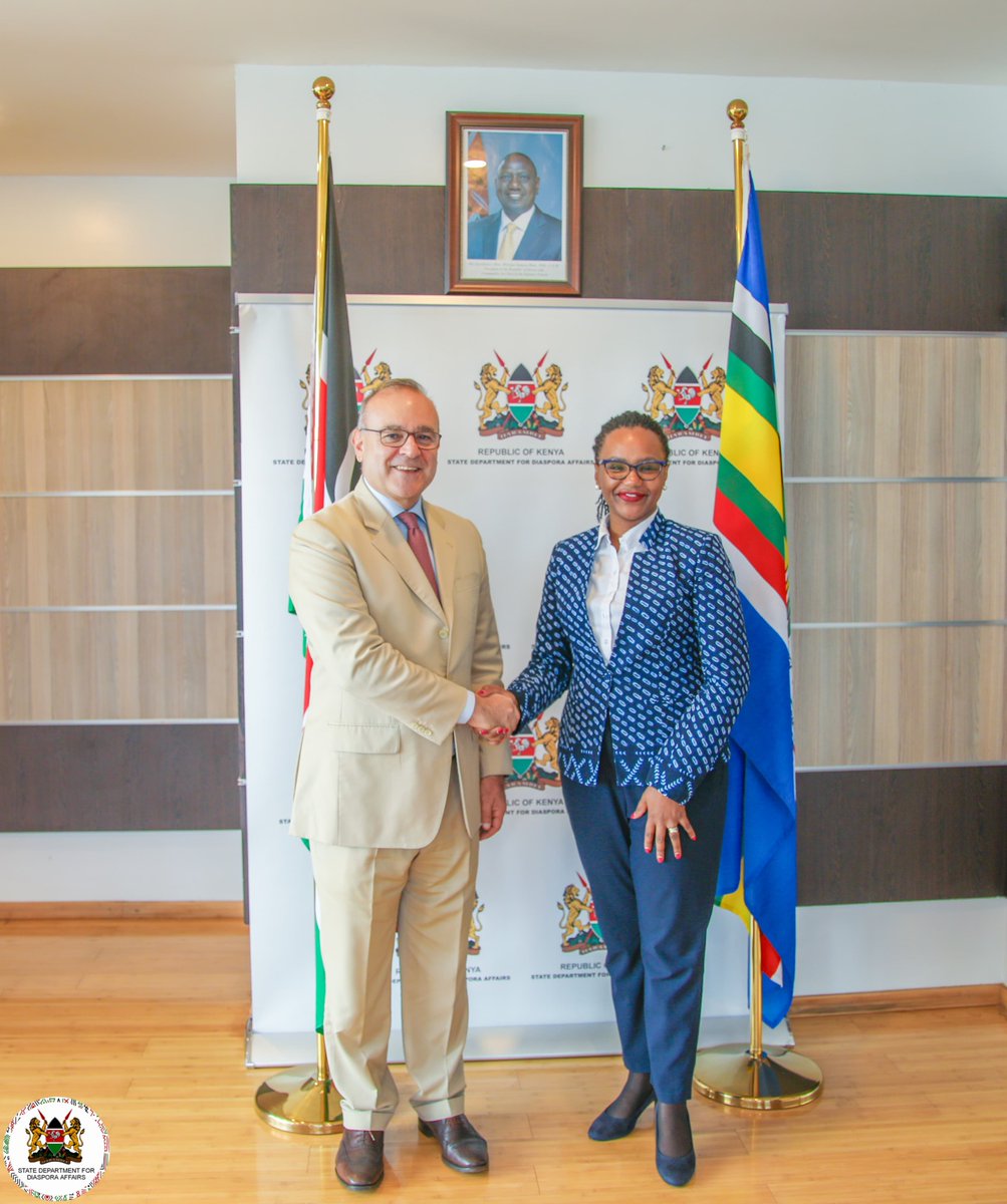 Diaspora_KE's tweet photo. H.E. Vincenzo Del Monaco, Ambassador of @ItalyinKenya , paid a courtesy call on Diaspora Affairs Principal Secretary, Ms. @roselinenjogu .

The discussions centred on enhancing labour mobility, deepening people-to-people ties, and promoting the exchange of knowledge, skills and technology to create more opportunities for the skilled and talented workforce.

The PS and Amb. Del Monaco expressed interest in stepped-up collaboration and committed to advancing engagements in priority areas of mutual interest.

The meeting reaffirmed the strong, long-standing cordial relations between Kenya and Italy and their shared commitment to promoting mutually beneficial partnership and  prosperity.

Ms. Irene Karari, Director and Head of the Skills and Expertise Division, Ms. Ayaan Abdi Barre,FSO and Ms. Debora Jemutai, FSO.