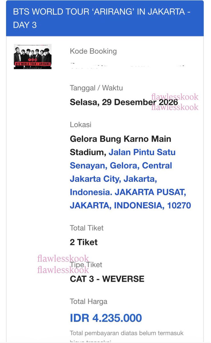 flawlesskook's tweet photo. WANT TO SELL 

BTS ARIRANG IN JAKARTA ADDSHOW

✔️cat 3 - day 3 - 2 tix
✔️not original price, serious buyer only ya
✔️prefer take all 
✔️diurus sampai fisik, ada grup ticketing

wtb wts bts arirang additional show #BTS_ARIRANG_JAKARTA #BTS_ARİRANG https://t.co/PZ0Nh3BXwj
