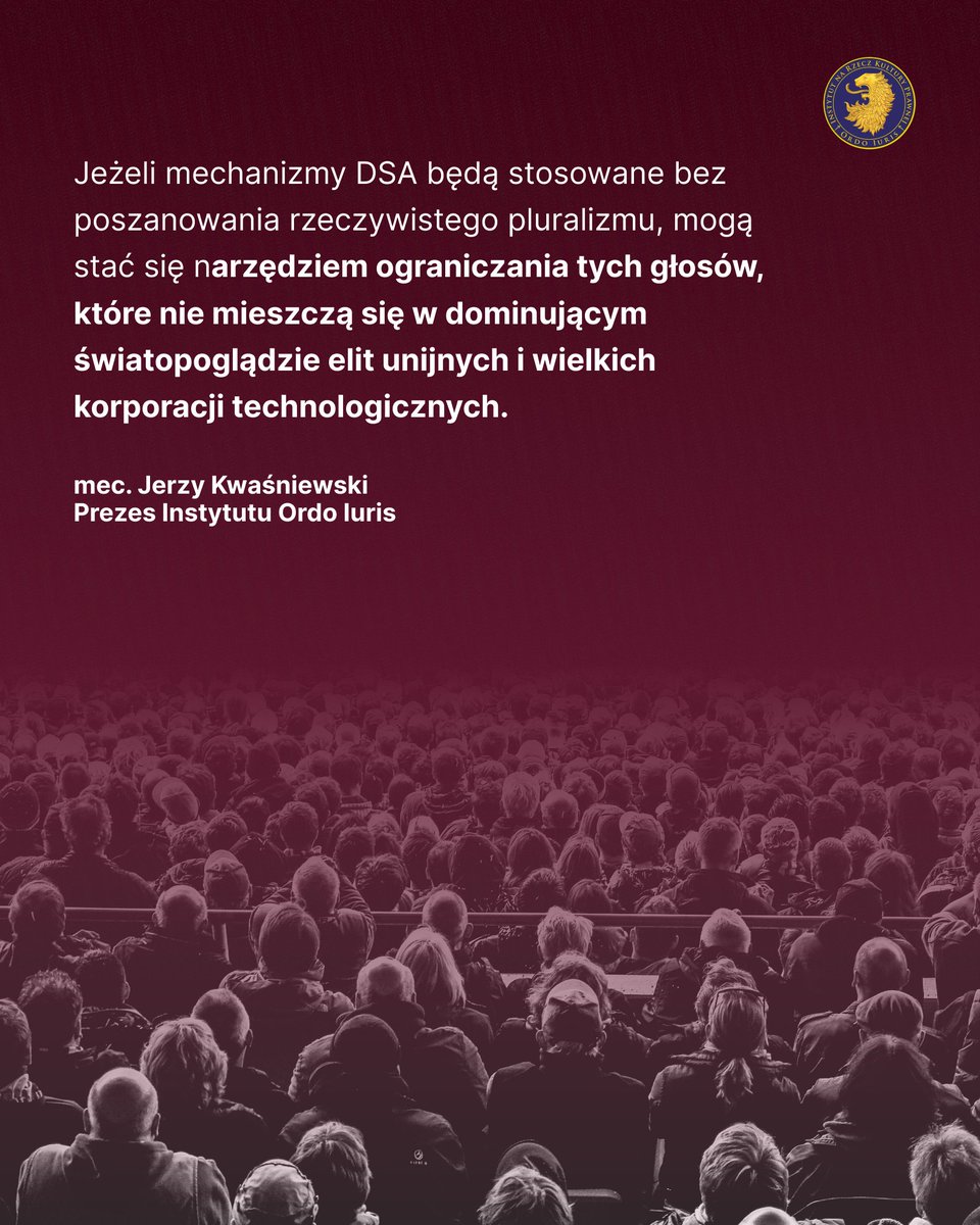 OrdoIuris's tweet photo. Wyobraź sobie, że piszesz na Facebooku:

„Polityka migracyjna Unii Europejskiej jest katastrofą i prowadzi do wzrostu przestępczości."

Twoja opinia. Może ostra. Może dyskusyjna. Ale legalna — i w demokratycznym państwie prawa chroniona wolnością słowa.

Tymczasem unijny Akt o usługach cyfrowych (DSA) wprowadza nowe pytania, które platforma musi sobie zadać zanim zdecyduje, czy twój wpis w ogóle dotrze do odbiorców:

→ Czy ten post „zwiększa napięcia społeczne"?
→ Czy może zostać uznany za dezinformację?
→ Czy w okresie wyborczym wpływa na postawy obywateli?
→ Czy algorytm zakwalifikuje go jako element „antymigracyjnej narracji"?

Nie musisz nic złamać. Wystarczy, że twój wpis trafi w zły moment, zostanie zgłoszony przez „zaufanego sygnalistę" albo algorytm uzna go za zbyt ryzykowny.

I po prostu... przestanie być widoczny.

Prezes Instytutu Ordo Iuris mec. @jerzKwasniewski  wyjaśnia, dlaczego DSA to nie regulacja internetu — to regulacja debaty publicznej. I dlaczego masz czas tylko do 10 lipca, żeby coś z tym zrobić.

📖 Przeczytaj:
https://t.co/jfHuBaIeI2