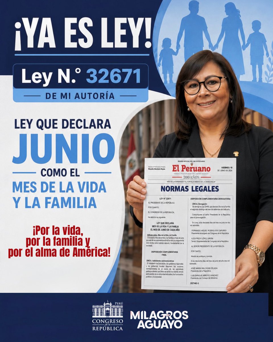 MJAguayo63's tweet photo. #YAESLEY Ha sido publicada en el @DiarioElPeruano la #Ley32671, de mi autoría, que declara el mes de junio como el Mes de #LaVida y #LaFamilia.
Seguimos trabajando por el Perú, poniendo siempre en el centro a la persona, la familia y el futuro de nuestras nuevas generaciones. https://t.co/dmNzKpajL0
