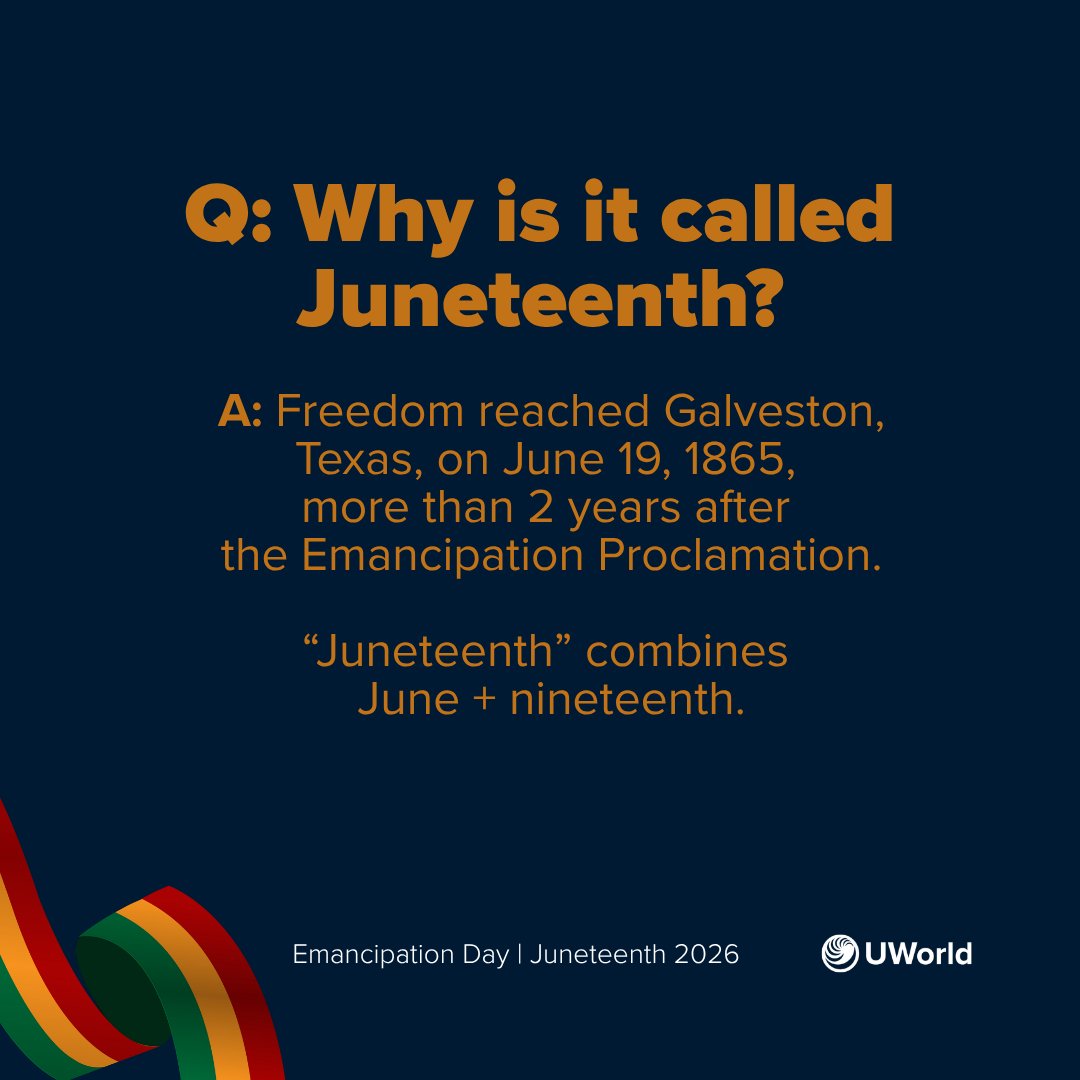 UWorld's tweet photo. Today, we reflect on the importance of history, awareness, and continued progress.

#Juneteenth #Community #Education #History https://t.co/oZ5TxvDX6G