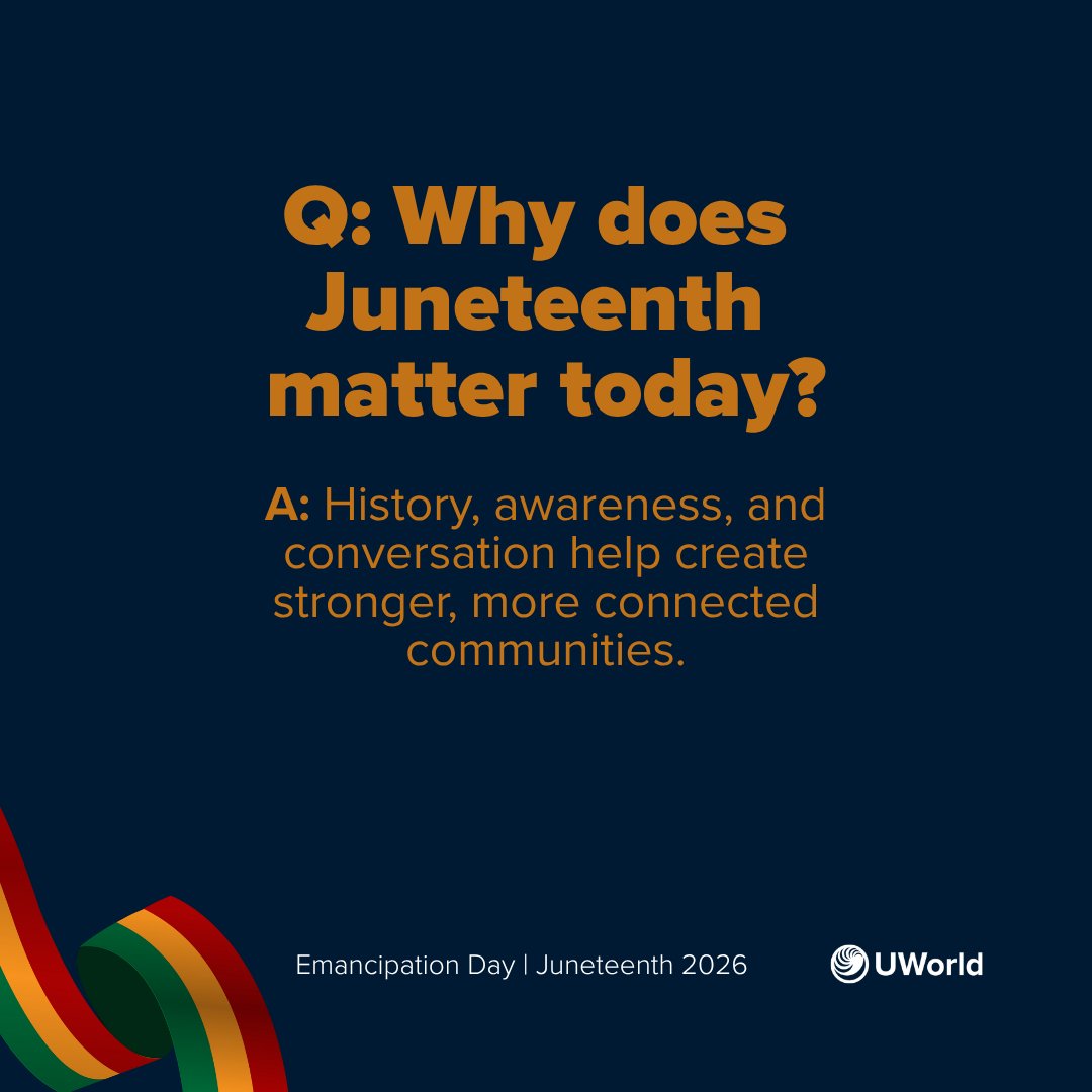 UWorld's tweet photo. Today, we reflect on the importance of history, awareness, and continued progress.

#Juneteenth #Community #Education #History https://t.co/oZ5TxvDX6G