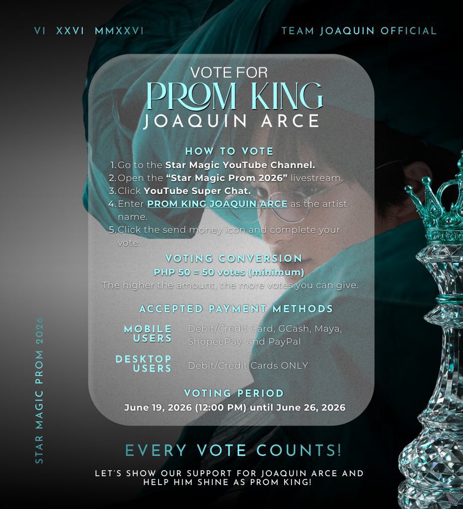 JoaquinTeamOFC's tweet photo. 👑𝗩𝗢𝗧𝗘 𝗙𝗢𝗥 𝗝𝗢𝗔𝗤𝗨𝗜𝗡 𝗔𝗥𝗖𝗘 𝗔𝗦 𝗣𝗥𝗢𝗠 𝗞𝗜𝗡𝗚! 👑

Today is the day to show our love and support! Every single vote brings Joaquin Arce one step closer to becoming Prom King, and your participation can truly make a difference.

Don’t forget to cast your vote by sending a YouTube Super Chat with the artist name:

PROM KING JOAQUIN ARCE 

No matter the amount, every vote counts and every supporter helps make this journey even more meaningful. Let’s unite and give Joaquin the crown he deserves! 

Rally your friends, family, and fellow supporters to vote and spread the word. Together, we can make this happen!

#JoaquinArce