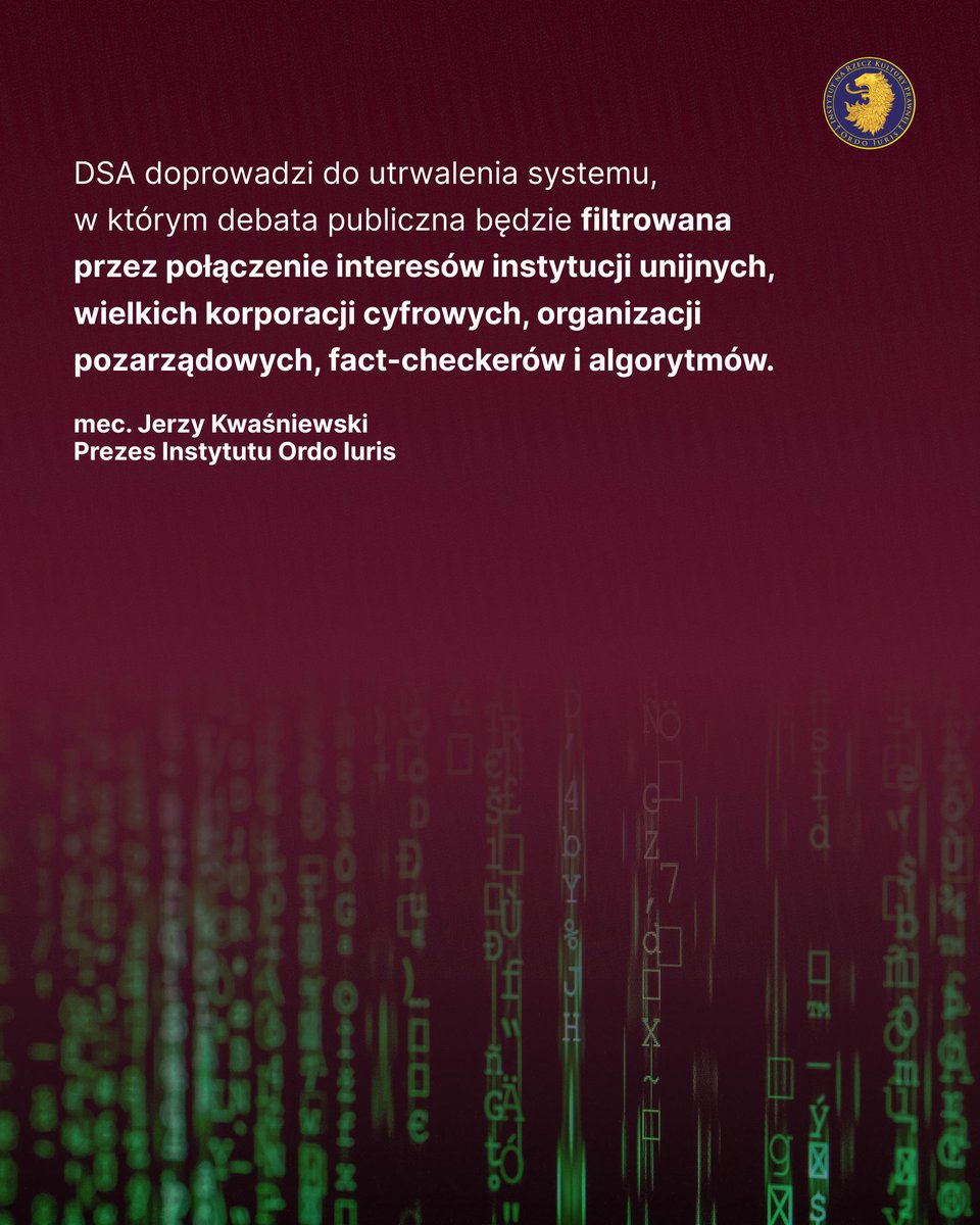 OrdoIuris's tweet photo. Twój post nie znika. On po prostu przestaje istnieć dla innych.

Nie dostajesz powiadomienia. Nie ma decyzji do odwołania. Twoja wypowiedź formalnie nadal tam jest — ale algorytm obniżył jej zasięg, zdjął rekomendację, ukrył w wynikach wyszukiwania.

To nie jest science fiction. To jeden z głównych mechanizmów, które wprost przewiduje unijny Akt o usługach cyfrowych (DSA): demonetyzacja, obniżanie zasięgów, ostrzeżenia przy treści, ukrywanie komentarzy — wszystko jako „narzędzia walki z dezinformacją".

Jak pisze mec. @jerzKwasniewski, Prezes Ordo Iuris:

Dla użytkownika to może być niemal niewidzialne. Formalnie jego wypowiedź nadal istnieje. W rzeczywistości przestaje docierać do odbiorców.

To dlatego ta cenzura jest tak niebezpieczna. 

📖 Czytaj pełną analizę:
https://t.co/jfHuBaIeI2