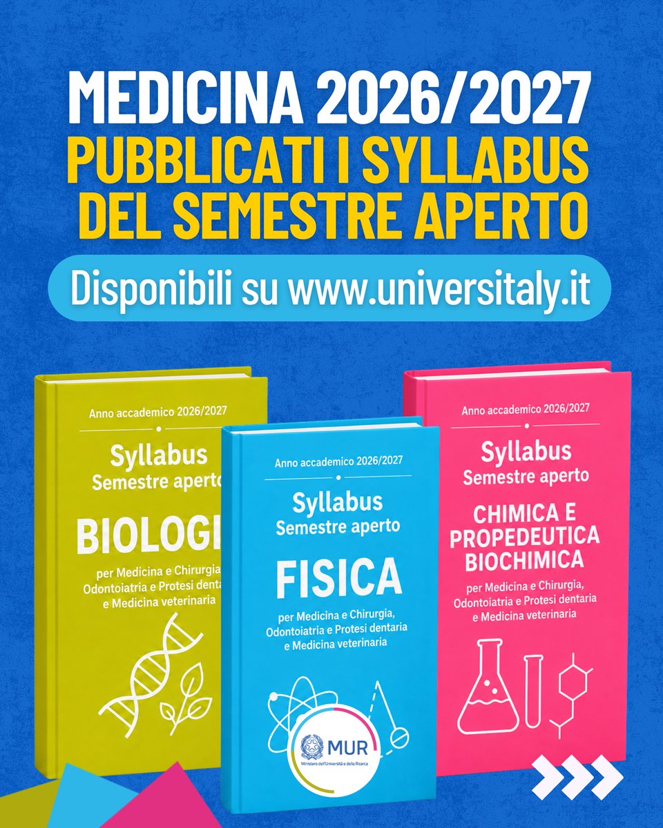 mur_gov_'s tweet photo. Sono disponibili sul sito del Ministero dell’Università e della Ricerca e sulla piattaforma Universitaly i syllabus del semestre aperto 2026/2027 dei corsi in Medicina e Chirurgia, Odontoiatria e Protesi dentaria e Medicina veterinaria. https://t.co/nrc3KoHm7V