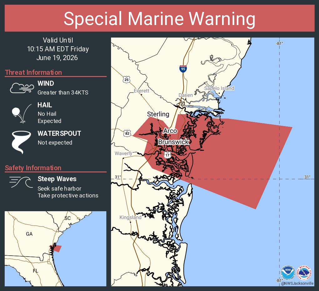 This graphic displays a special marine warning plotted on a map. The warning is in effect until 10:15 AM EDT. The warning includes coastal waters from Altamaha Sound to Fernandina Beach FL out 20 NM. The threats associated with this warning are wind gusts greater than 34kts and no hail expected.Waterspouts are not expected. Steep waves can be expected. Seek safe harbor and take protective actions.