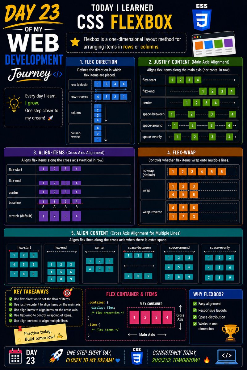 ArpitKumar4527's tweet photo. Day 23 of my Web Development Journey 🚀
COMPLETED Lecture 10:✅
Today I learned CSS Flexbox, including flex-direction, justify-content, align-items, flex-wrap, and align-content. 🎨💻
Flexbox is making layouts much easier and more responsive!
#CSS #Flexbox #WebDevelopment https://t.co/Y8ear1BBhx