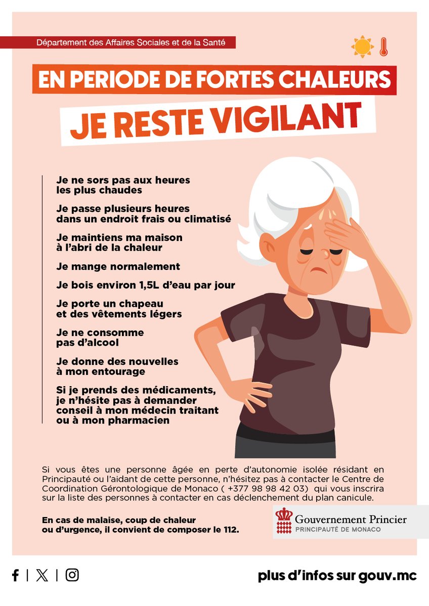GvtMonaco's tweet photo. Fortes chaleurs installées en Principauté, un épisode de canicule annoncé

Un épisode de canicule est annoncé dans les prochains jours en Principauté. Face aux risques liés à l’élévation des températures de jour comme de nuit, le Gouvernement Princier appelle chacun à la plus grande vigilance, en particulier envers les personnes les plus vulnérables.

Il est nécessaire de limiter l’exposition prolongée à la chaleur, qui peut engendrer de graves conséquences sur la santé : déshydratation, coup de chaleur, malaise.

Les nourrissons, les jeunes enfants, les femmes enceintes, les personnes âgées ainsi que les personnes atteintes de maladies chroniques sont particulièrement sensibles.

De même, les travailleurs en extérieur, les sportifs ou toute personne exposée durablement à la chaleur doivent également adopter les bons réflexes pour se protéger.

Quelques gestes simples permettent de se prémunir de la chaleur :

• Limiter les sorties et éviter les activités physiques aux heures les plus chaudes ;
• Maintenir son logement au frais en fermant volets et fenêtres durant la journée ;
• Boire au moins 1,5 litre par jour, répartis tout au long de la journée ;
• Se rafraîchir fréquemment ;
• Prendre régulièrement des nouvelles de ses proches, notamment les personnes isolées ou fragiles.

La vigilance de chacun est essentielle pour protéger les plus fragiles et traverser cet épisode de canicule en toute sécurité.

En cas de malaise, coup de chaleur ou d’urgence, il convient de composer le 112.