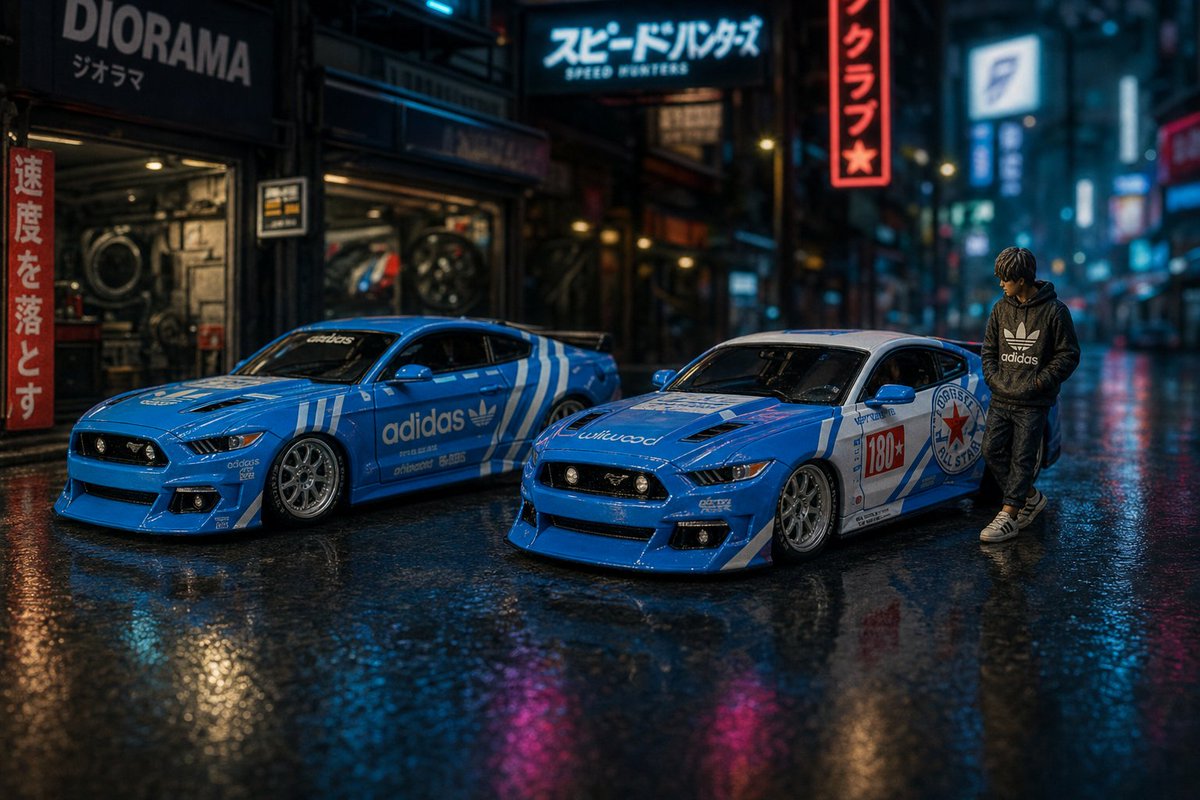 ModelCarKings's tweet photo. Rainy night, neon glow, two adidas-livery Mustangs parked up. Which one are you taking home?
#diecast #Mustang #modelcars https://t.co/jG0QNnqb4b