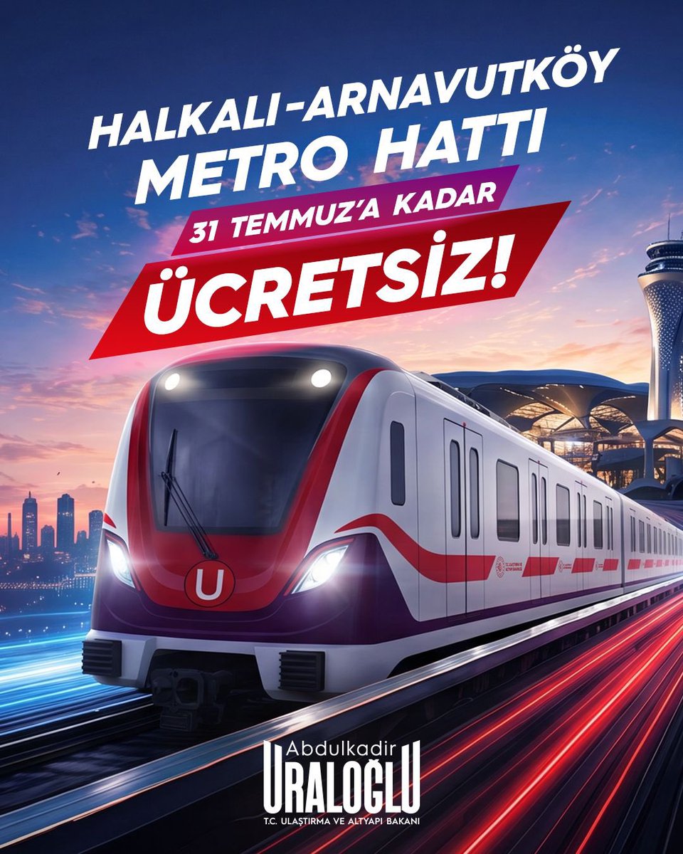 a_uraloglu's tweet photo. Cumhurbaşkanımız Sayın @RTErdogan’ın müjdesiyle, hizmete aldığımız Halkalı–Arnavutköy Metro Hattı 31 Temmuz’a kadar tüm vatandaşlarımıza ücretsiz hizmet verecek! 🚇🎉

Türkiye Yüzyılı’nda güçlü ulaşım altyapımızın yeni bir kazanımı olan hattımız İstanbul’umuza ve aziz milletimize hayırlı olsun.  ✨

#TürkiyeHızlanıyor 🇹🇷
