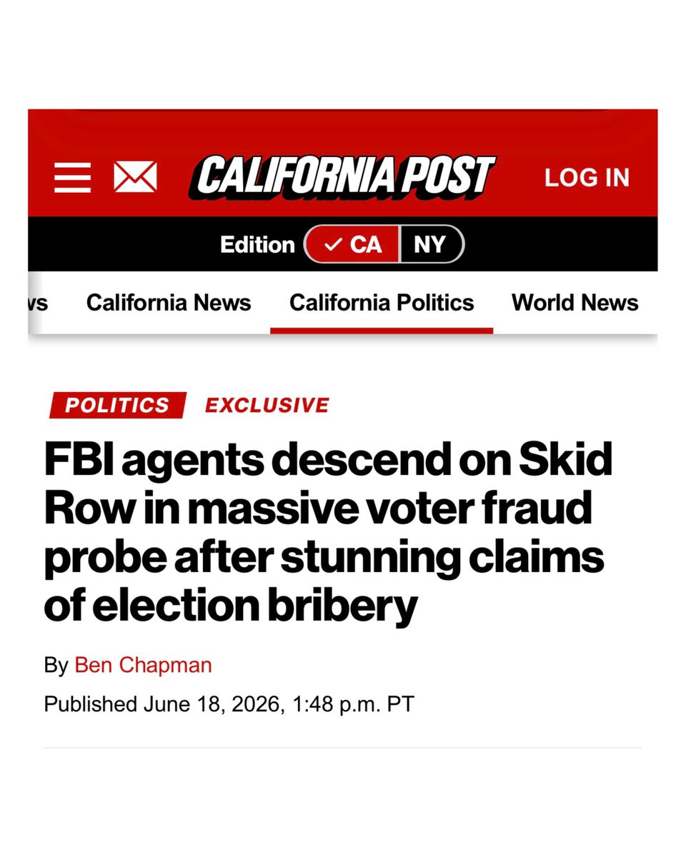 america's tweet photo. The FBI is now on the ground in Skid Row investigating voter fraud claims involving bribing homeless people.

It’s time to find out where the money is coming from and how widespread this is in California.

Americans deserve fair and secure elections. https://t.co/GvoqlBKMIy