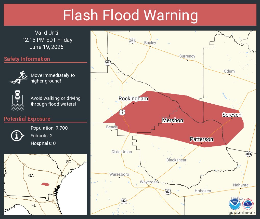 This graphic displays a flash flood warning plotted on a map. The warning is in effect until 12:15 PM EDT. The warning includes Screven GA, Patterson GA and Offerman GA.  This warning is for Southeastern Appling County in southeastern Georgia, Southeastern Bacon County in southeastern Georgia, Northern Pierce County in southeastern Georgia and Southwestern Wayne County in southeastern Georgia. Avoid walking or driving through flood waters! Move immediately to higher ground! There are 7,700 people in the warning along with 2 schools and 0 hospitals.