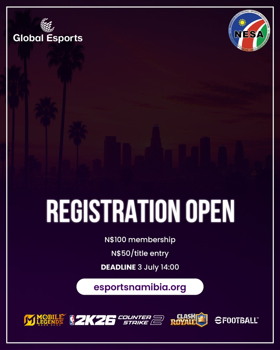 esportsnamibia's tweet photo. 🎉 GEG LA 2026 QUALIFIER NOW OPEN! 🇳🇦 Represent Namibia in Los Angeles! 

⚽ eFootball 
🎯 CS2 
⚔️ MLBB 
👑 Clash Royale 
🏀 NBA 2K26

Register → https://t.co/AbtXvswrer (closes 3 Jul 14:00) 

#NESA #NamibiaEsports #NESAGEGLA26 https://t.co/Whna2sLoph