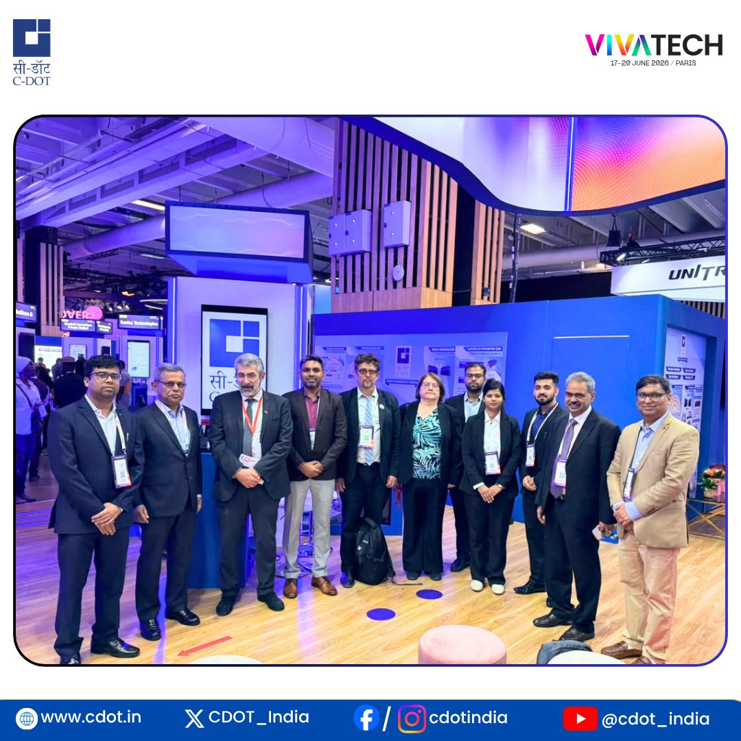 CDOT_India's tweet photo. When Innovation Sparks Global Conversations | Day 3 at #VivaTech2026

With two impactful days behind us and another exciting day ahead, we continue our journey of engaging with global #innovators, industry leaders and #startups at one of the world's most influential technology gatherings.

As we move through Day 3, we are energized by the interest, insights, and opportunities emerging from one of the world's most influential technology gathering - #VivaTech2026.

At @CDOT_India pavilion, we continue to showcase technologies designed to strengthen digital resilience and enable secure communications, including our @ITU CAP-based Early Warning System and @3GPPLive -based #CellBroadcast  Solution (#CBS), #TRINETRA cybersecurity platform, Quantum Key Distribution ( #QKD ), and Indigenous #5G technologies.

📍 Booth: 1F40-010
Visit us and discover how #indigenous #innovation is shaping the future of communications.

@PMOIndia @VivaTech @ITPODesk @PIB_India @pib_comm @DoT_India @JM_Scindia @PemmasaniOnX @rkupadhyay

#CDOT #VivaTech2026 #Innovation #TelecomInnovation #DigitalIndia #AtmanirbharBharat #MakeInIndia