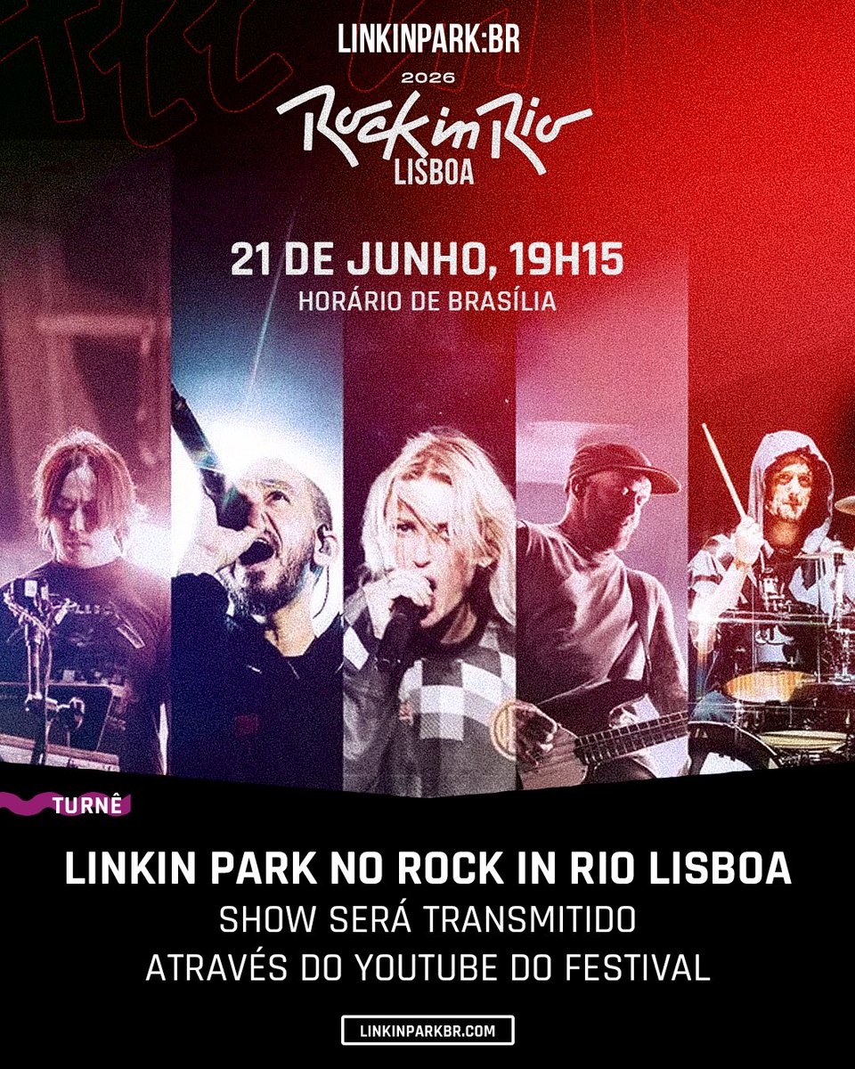 LinkinParkbr's tweet photo. 🚨🚨🚨 ALERTA DE LIVE, ALERTA DE LIVE 🚨🚨🚨

A apresentação do Linkin Park no Rock in Rio Lisboa vai ser transmitida pro mundo todo, pelo canal no YouTube do festival!

Então prepara a pipoca e a garganta pra berrar com milhares de outros fãs na frente da TV! É nesse domingo (21), às 19h15, horário de Brasília. Aproveita pra marcar quem vai assistir com você!

Link da live https://t.co/umtRQziyQi