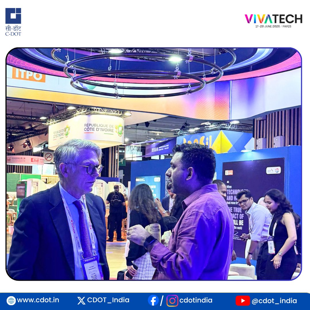 CDOT_India's tweet photo. When Innovation Sparks Global Conversations | Day 3 at #VivaTech2026

With two impactful days behind us and another exciting day ahead, we continue our journey of engaging with global #innovators, industry leaders and #startups at one of the world's most influential technology gatherings.

As we move through Day 3, we are energized by the interest, insights, and opportunities emerging from one of the world's most influential technology gathering - #VivaTech2026.

At @CDOT_India pavilion, we continue to showcase technologies designed to strengthen digital resilience and enable secure communications, including our @ITU CAP-based Early Warning System and @3GPPLive -based #CellBroadcast  Solution (#CBS), #TRINETRA cybersecurity platform, Quantum Key Distribution ( #QKD ), and Indigenous #5G technologies.

📍 Booth: 1F40-010
Visit us and discover how #indigenous #innovation is shaping the future of communications.

@PMOIndia @VivaTech @ITPODesk @PIB_India @pib_comm @DoT_India @JM_Scindia @PemmasaniOnX @rkupadhyay

#CDOT #VivaTech2026 #Innovation #TelecomInnovation #DigitalIndia #AtmanirbharBharat #MakeInIndia