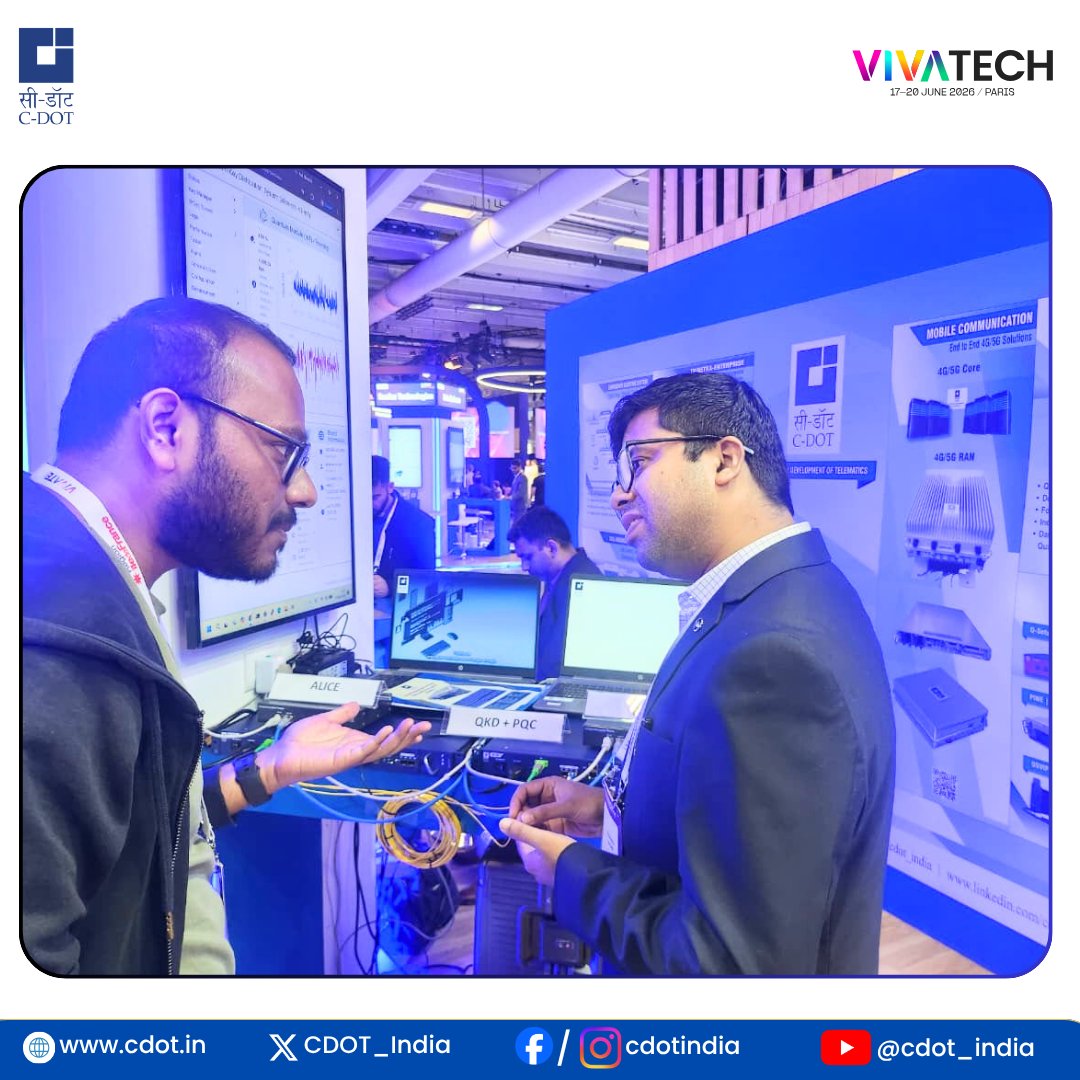 CDOT_India's tweet photo. When Innovation Sparks Global Conversations | Day 3 at #VivaTech2026

With two impactful days behind us and another exciting day ahead, we continue our journey of engaging with global #innovators, industry leaders and #startups at one of the world's most influential technology gatherings.

As we move through Day 3, we are energized by the interest, insights, and opportunities emerging from one of the world's most influential technology gathering - #VivaTech2026.

At @CDOT_India pavilion, we continue to showcase technologies designed to strengthen digital resilience and enable secure communications, including our @ITU CAP-based Early Warning System and @3GPPLive -based #CellBroadcast  Solution (#CBS), #TRINETRA cybersecurity platform, Quantum Key Distribution ( #QKD ), and Indigenous #5G technologies.

📍 Booth: 1F40-010
Visit us and discover how #indigenous #innovation is shaping the future of communications.

@PMOIndia @VivaTech @ITPODesk @PIB_India @pib_comm @DoT_India @JM_Scindia @PemmasaniOnX @rkupadhyay

#CDOT #VivaTech2026 #Innovation #TelecomInnovation #DigitalIndia #AtmanirbharBharat #MakeInIndia