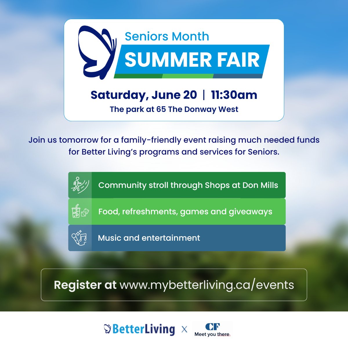 MyBetterLiving's tweet photo. Celebrate Seniors Month with us!

Join us tomorrow for Better Living’s first Summer Fair in support of our programs and services for seniors in the Don Mills and North York communities.

Saturday, June 20 at 11:30 AM
The Park at 65 The Donway West https://t.co/ctKigBT7Ah