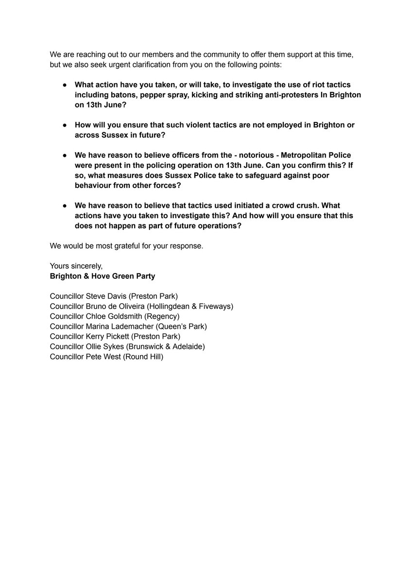 BHGreens's tweet photo. Today, Brighton &amp; Hove Green Party has written to Katy Bourne, the Police &amp; Crime Commissioner.

We are seeking answers, accountability, and justice for the violent and extreme conduct directed at counter-protesters by police on Saturday 13th June at the Carnival Against Fascism. https://t.co/n10PXILpQh