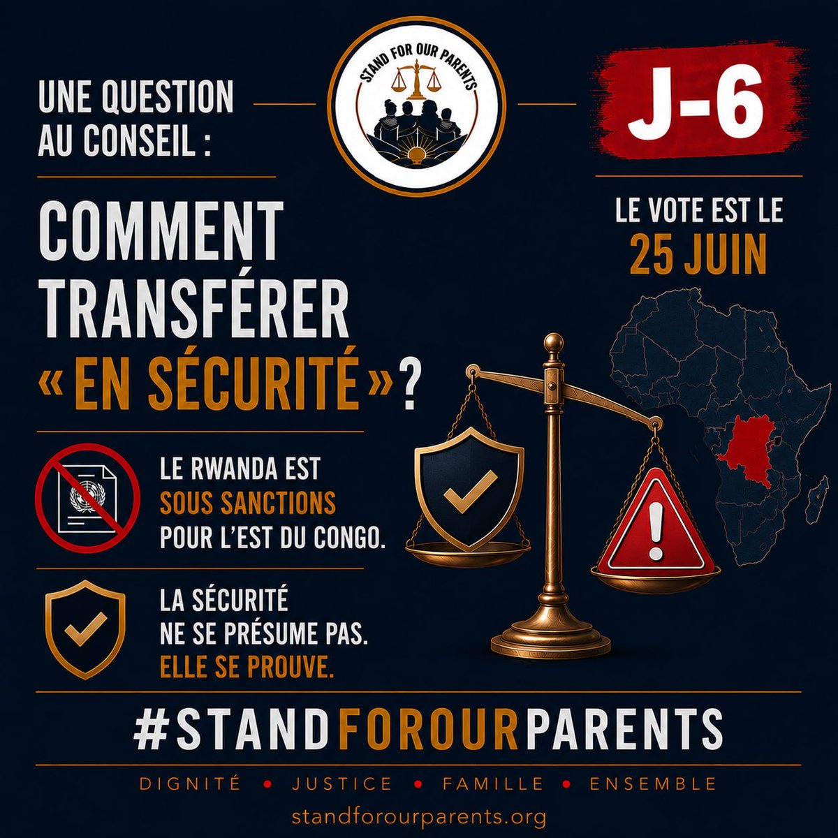 Stand4Parents's tweet photo. Une question au Conseil: comment transférer des personnes « en sécurité » sous la garde du
Rwanda, alors qu’il est sous sanctions pour l’est du Congo? 
La sécurité ne se présume pas. Elle se prouve — ou se refuse. 

#StandForOurParents
#IRMCT
@UNHumanRights
@amnesty
@BurundiEmbUSA 
@AmbaRdcongoUsa 
@RFIAfrique