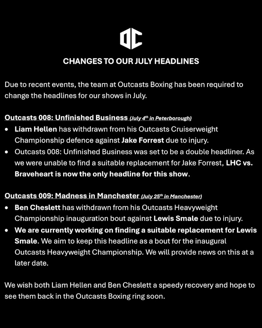 OutcastsBoxing's tweet photo. Some important changes to our July shows. https://t.co/eqbsHmcck8
