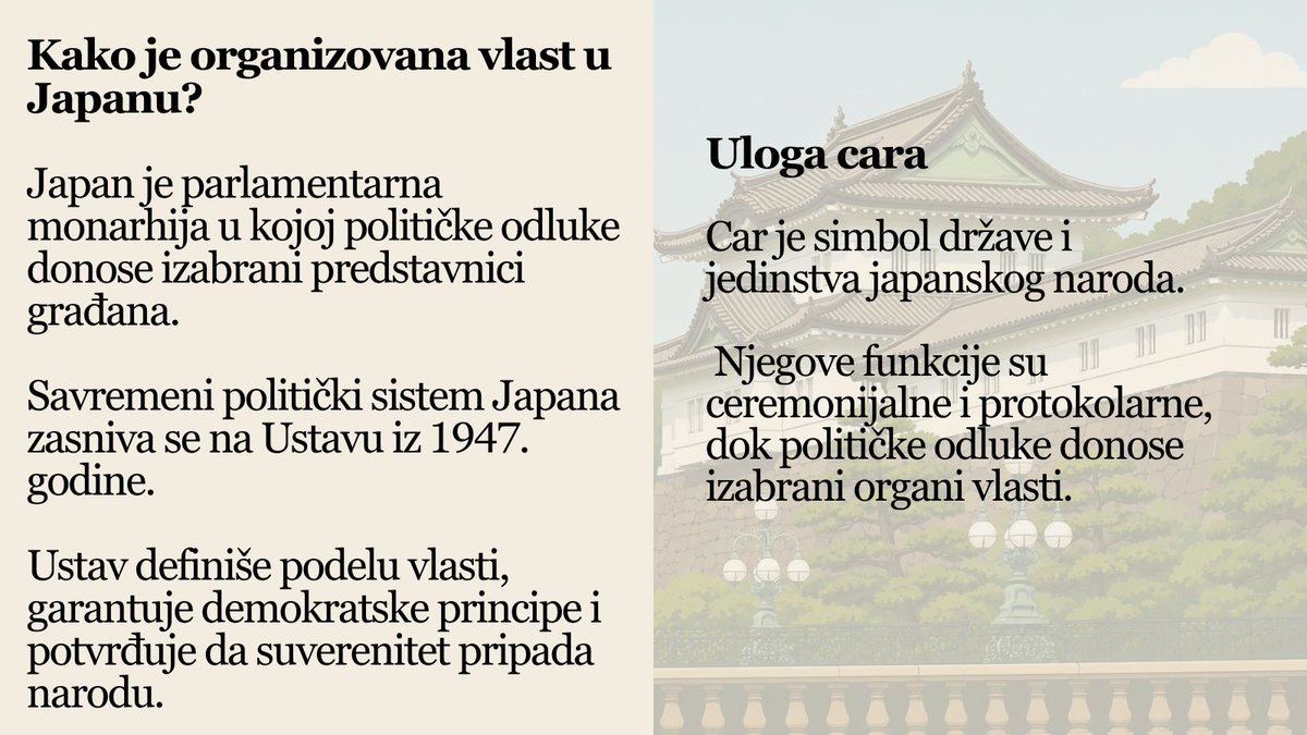 JapanEmb_SRB's tweet photo. Iako Japan ima cara, politički sistem funkcioniše kao parlamentarna demokratija u kojoj ključnu ulogu imaju parlament, premijer i vlada. https://t.co/2IymbPO3KX