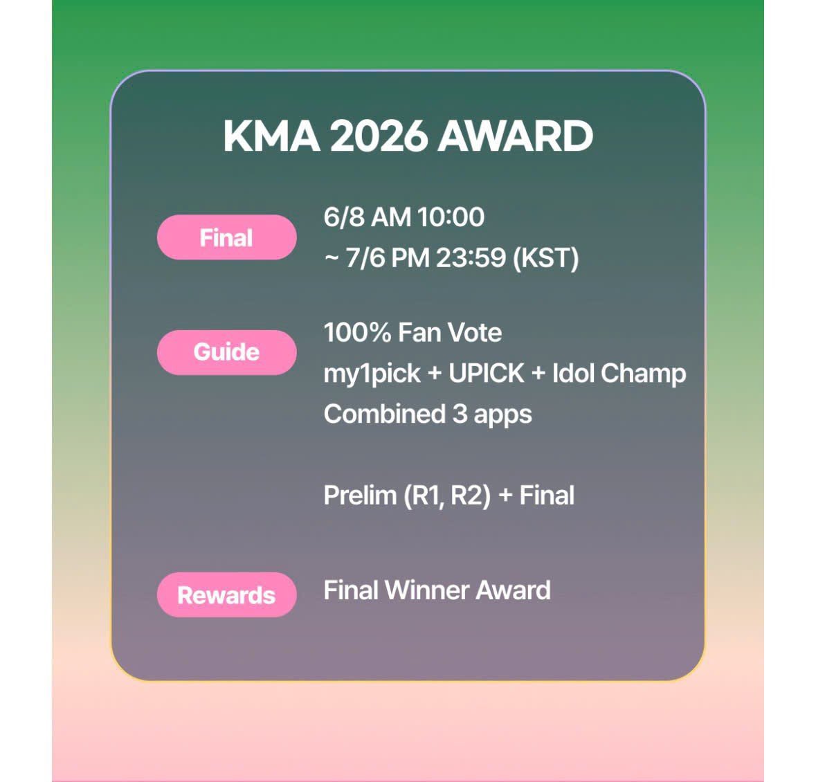 kmjvotingteam's tweet photo. "BEST POPULAR SOLO FEMALE"  FINAL ROUND

⏳ The final round will end at 11:59 PM on July 6.

🚨🚨 Our goal is to be #1 among all apps, but we're currently #3 on UPICK, a huge gap from #1. VOTE FOR WINTER NOW! 

#WINTER #윈터 #ウィンター #에스파 #aespa https://t.co/sqm36SJtqD