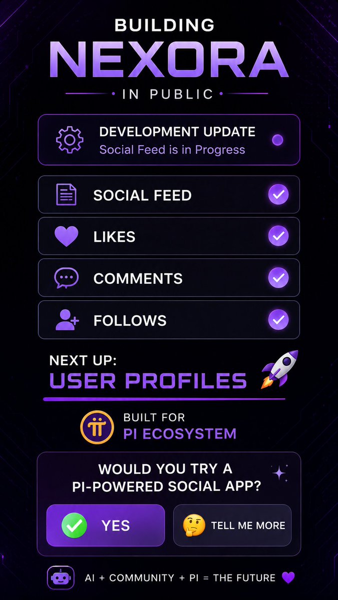Pitube1's tweet photo. 🚀 Building Nexora in public.
Today's progress: ✅ Social Feed ✅ Likes ✅ Comments ✅ Follows
I don't know coding, but AI is helping me turn an idea into reality.
One improvement at a time. 🟣🤖
#Nexora #BuildInPublic #PiNetwork #PiApps $pi https://t.co/aa8RJGDY9C