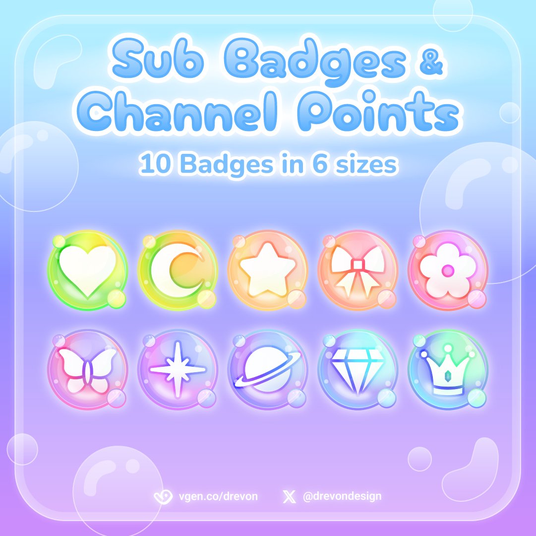 drevondesign's tweet photo. These colorful bubble Sub Badges and Channel Point icons are now available in my VGen shop! ✨

You'll get 10 badges, each included in 6 different sizes. 

Go get themmm 👉 https://t.co/J78yER4Djc

#VGen #VGenShop https://t.co/UInDgSbyTh