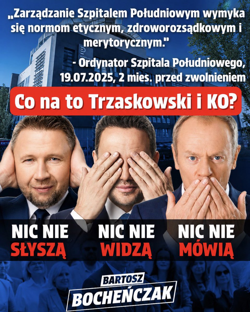 BBochenczak's tweet photo. Ordynator chirurgii w Szpitalu Południowym był ponoć skonfliktowany z tamtejszym zarządem, który teraz Trzaskowski odwołał. Problem w tym, że kiedy rok temu ordynator informował Trzaskowskiego o nieprawidłowościach, to nie radny z KO stracił pracę, tylko właśnie pan ordynator.

Ta patologia to kwintesencja podejścia starej, zgniłej klasy rządzącej do polityki. Afery nie ma, póki ludzie się nie dowiedzieli. A jak się dowiedzą, trzeba się sprawą zająć.

Warszawiakom szczerze życzę, żeby udało im się pozbyć Trzaskowskiego z urzędu. Nie będzie łatwo, ale Kraków już pokazał, że jest to możliwe. Trzeba walczyć z tym skorumpowanym systemem!