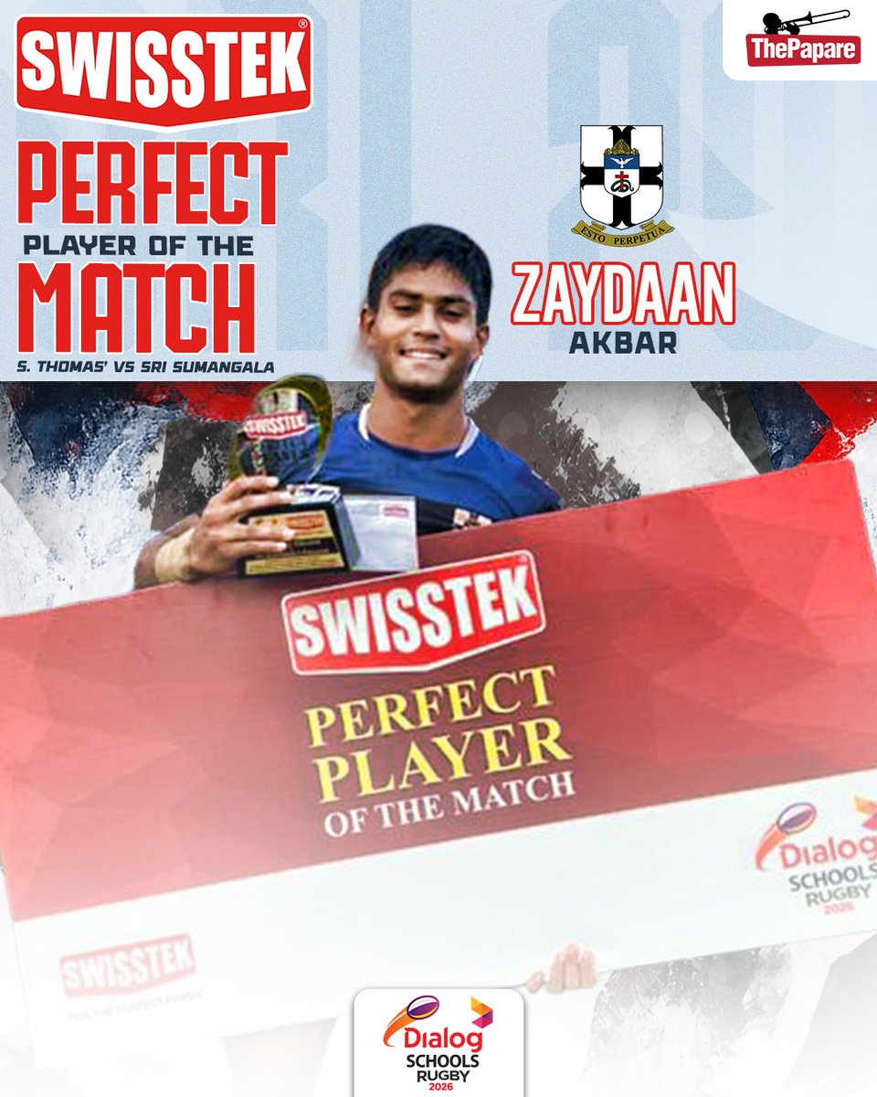 ThePapareSports's tweet photo. Swisstek Perfect Player of the Match
Zaydaan Akbar was simply outstanding, crossing over for two sensational match-defining tries while producing several decisive line breaks that put his team in the right areas of the field.

#DSRL #SchoolsRugby #ThePapareRugby https://t.co/wdCfbMRXCE