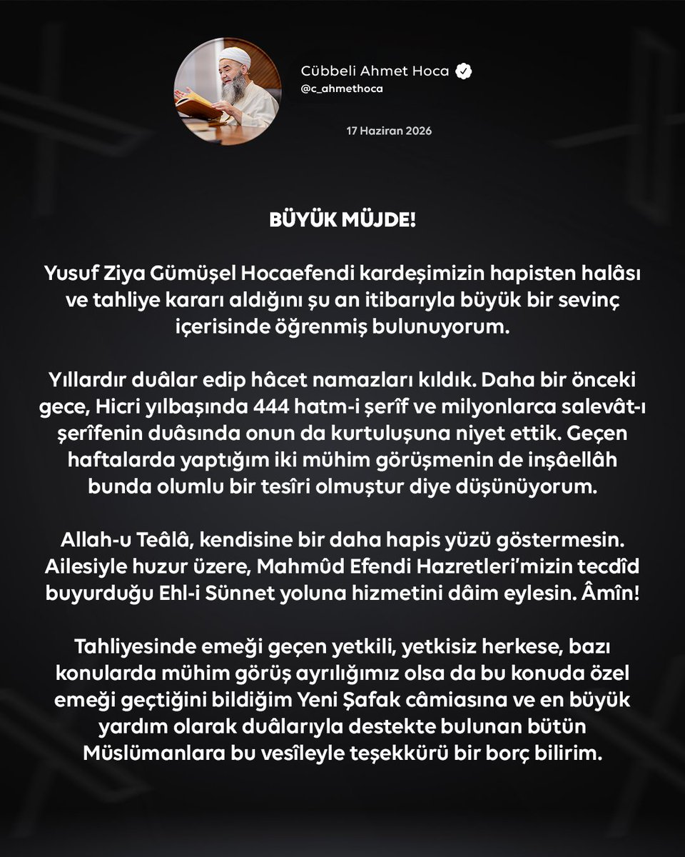 BahtiyaMMT's tweet photo. @darkwebhaber Tahliyesinde emeği geçen yetkili, yetkisiz herkese, bazı konularda mühim görüş ayrılığımız olsa da bu konuda özel emeği geçtiğini bildiğim Yeni Şafak câmiasına ve... https://t.co/o60WhvqgwB